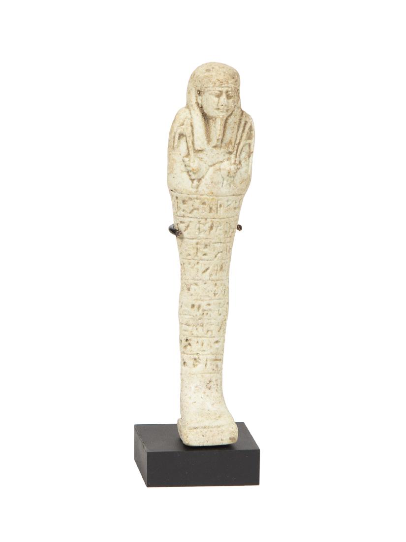 Ancient EGYPTIAN Faience Ushabti With Heiroglyph Late: Ancient EGYPTIAN Faience Ushabti With Heiroglyph Late Period c.664-332 BC BC. Size 5 inches high. Fine mummified form Ushabti figure, with tripartite wig, beard of Osiris, the arms shown crossed and h