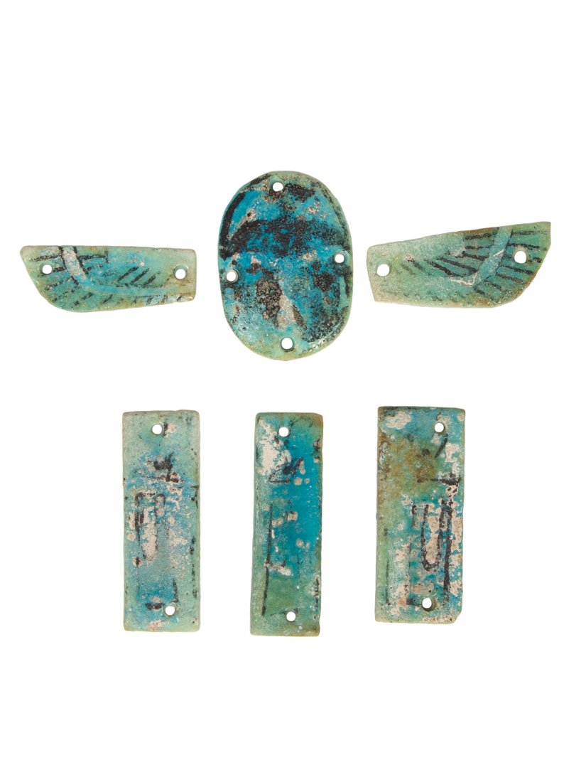 Ancient Egyptian blue Faience winged scarab with Horus: Ancient Egyptian blue Faience winged scarab with sons of Horus late period c.664-332 BC. Size of the set 5 1/2 x 4 1/2 inches. (Scarab size 1 7/8 x 1 3/8 inches) unusual set of a Scarab with wings and