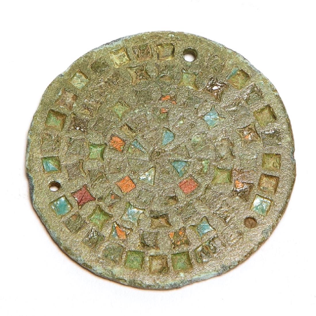 Ancient Byzantine Enameled Sheild Boss c.5th-9th: Ancient Byzantine Enameled Sheild Boss c.5th-9th century AD. Size 1 1/4 inch diameter. a circular bronze sheild boss with cross in the center. perfect. Ex the time machine.