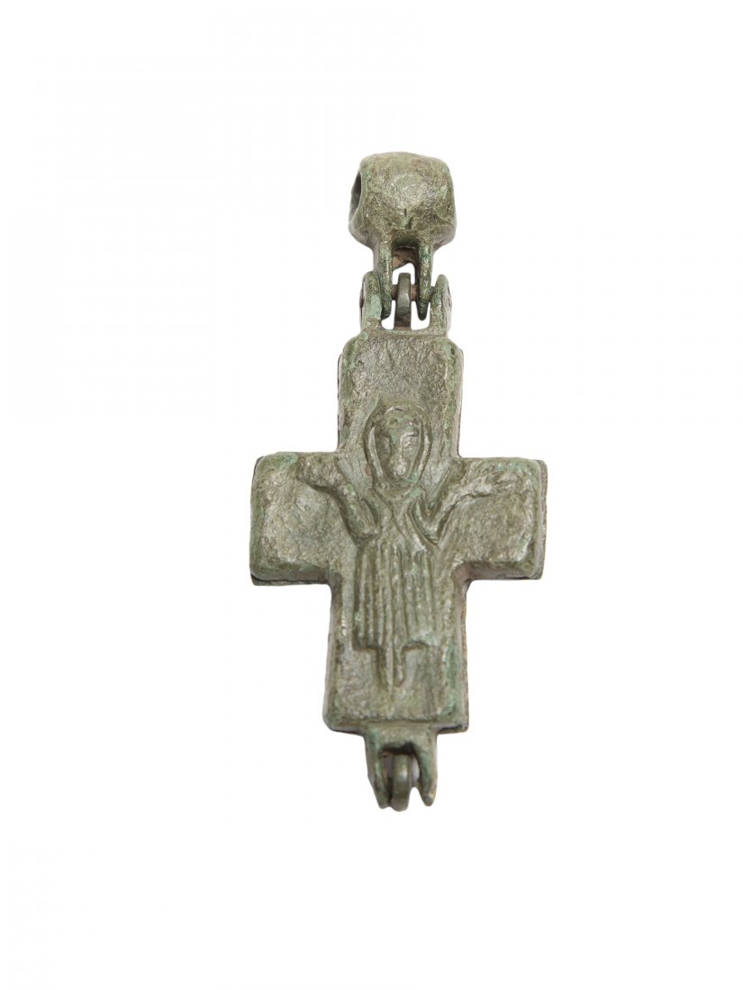 Ancient Byzantine Bronze reliquary Cross c.9th-11th: Ancient Byzantine Bronze reliquary Cross c.9th-11th century AD. Size 2 1/4 x 1 inches. A Cast bronze reliquary cross with Christ and John the Baptist. Perfect. Ex The time machine.