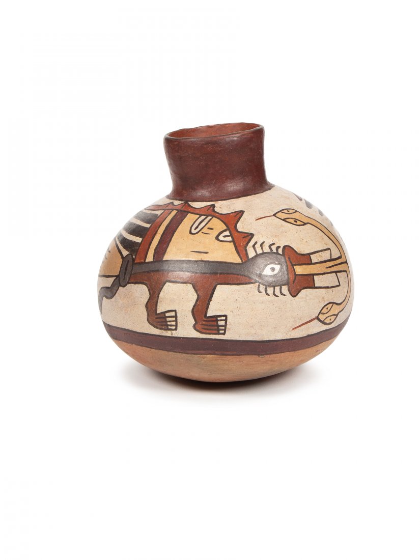 Ancient Pre Columbian Nazca Culture, Pottery Vessel: Ancient Pre Columbian Nazca Culture, Pottery Vessel South Coast Peru 100-300 AD. Size 7 inches high x 7 inches diameter. Large Vase depicting a Mythical Deity half Condor,having Anthropomorphic Legs, 