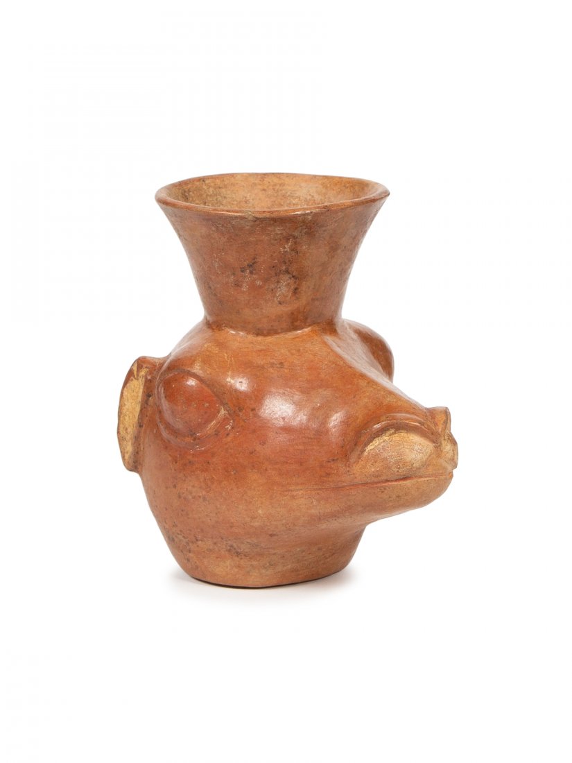 Ancient Pre Columbian Mochica, Large Pottery Head,: Ancient Pre Columbian Mochica, Large Pottery Head, North Coast Peru 100 BC-100 AD. Size 6 1/4 inches High. Large Head of a Domestic Alpaca with notched Ear. Provenance: Dr Fisher , Germany