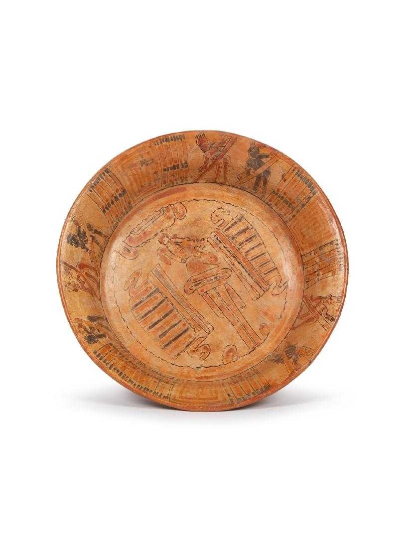 Ancient Pre Columbian Maya, Mexico Pottery Dish,: Ancient Pre Columbian Maya, Mexico Pottery Dish, 550-950 AD. 9 1/2 inches Diameter X 3 7/8 inches High. Four-legged Dish having a Turtle Face in High Relief below Its center painted in polychrome colo