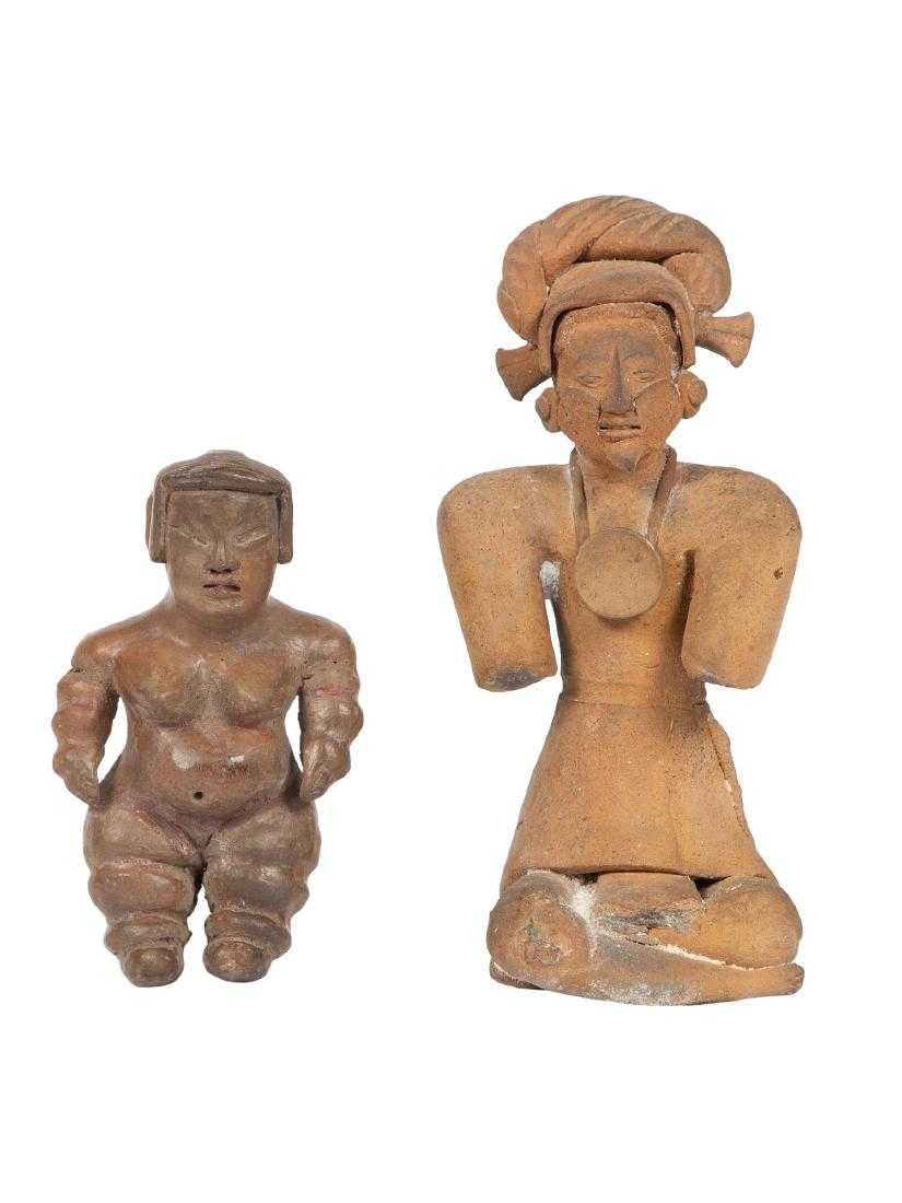 Lot of 2 Ancient Pre Columbian, Pottery Figures, Olmec,: Lot of 2 Ancient Pre Columbian, Pottery Figures, Olmec, Maya, 1500BC-950 AD. Olmec, Mexico 1500BC-400BC. Early Man voluptuous Venus. Size 5 1/2 inches. Perfect. Provenance: London Auction. Maya, Mexic