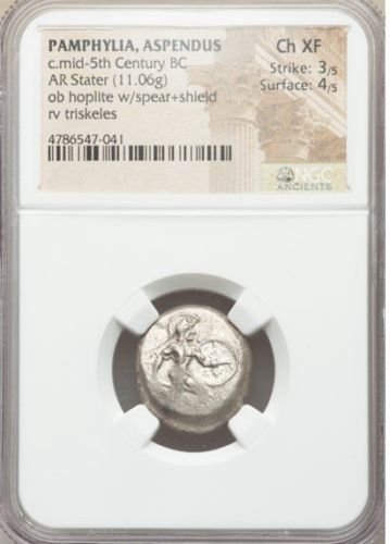 Ancient PAMPHYLIA. Aspendus Ca. mid-5th Century BC.coin: Ancient PAMPHYLIA. Aspendus. Ca. mid-5th Century BC. AR stater (19mm, 11.06 gm). NGC Choice XF 3/5 - 4/5. Helmeted hoplite advancing right, holding shield and spear / Triskeles within incuse square. S