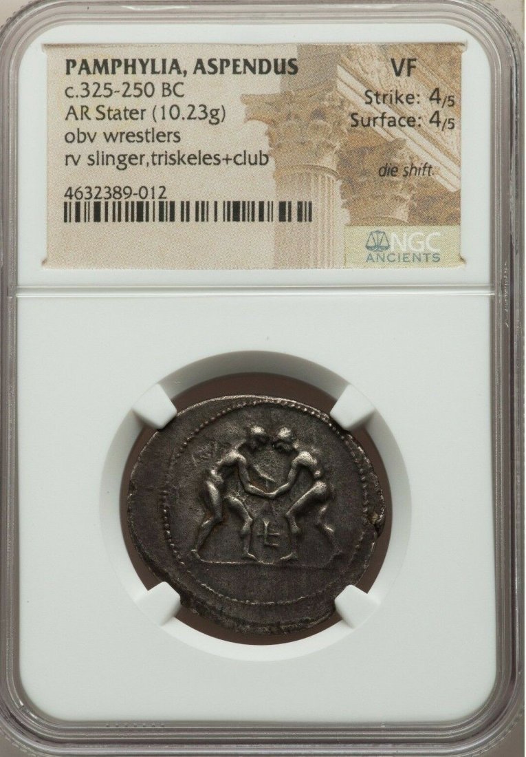 Ancient PAMPHYLIA. Aspendus. Ca. 325-300/250 BC. coin: Ancient PAMPHYLIA. Aspendus. Ca. 325-300/250 BC. AR stater (29mm, 10.23 gm, 12h). NGC VF 4/5 - 4/5, die shift. Two wrestlers grappling; between, E / Î•Î£Î¤FÎ•Î”Î™Î¥, slinger standing