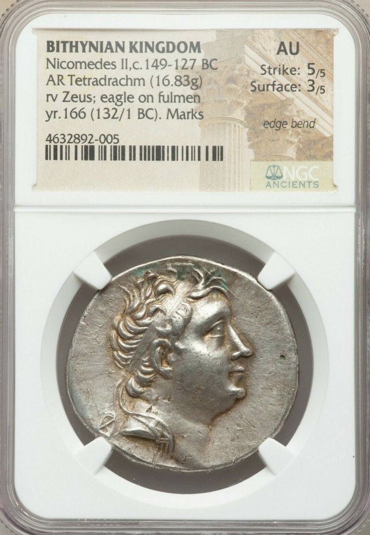 Ancient BITHYNIAN KINGDOM. Nicomedes II Silver coin: Ancient BITHYNIAN KINGDOM. Nicomedes II (ca. 149-127 BC). Silver tetradrachm (36mm, 16.83 gm, 12h). NGC AU 5/5 - 3/5, edge bend, marks. Dated 166 Bithynian Era (132/1 BC). Diademed head of Nicomedes I