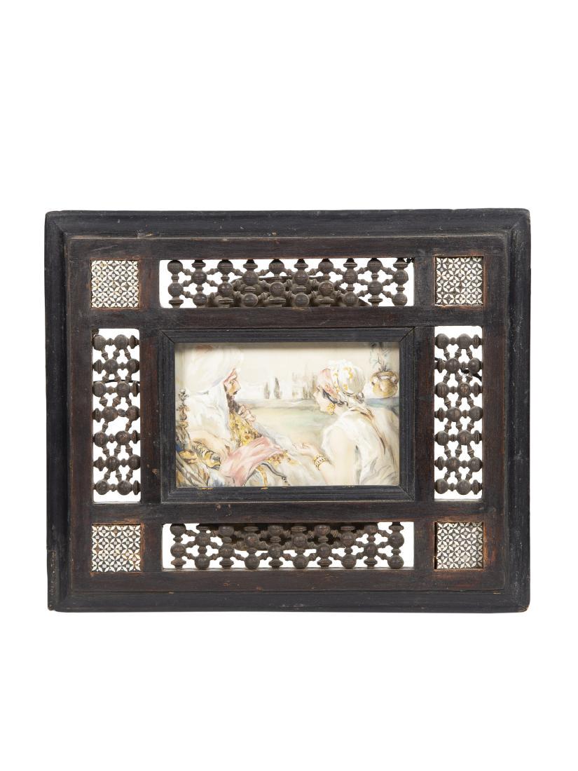 Moroccan Moorish Wood Frame with painting on silk.: Moroccan Moorish Wood Frame with painting on silk. Size of frame 12 1/4 x 10 inches. A wood frame inlaid with mashrabiya borders. New York City Collection.