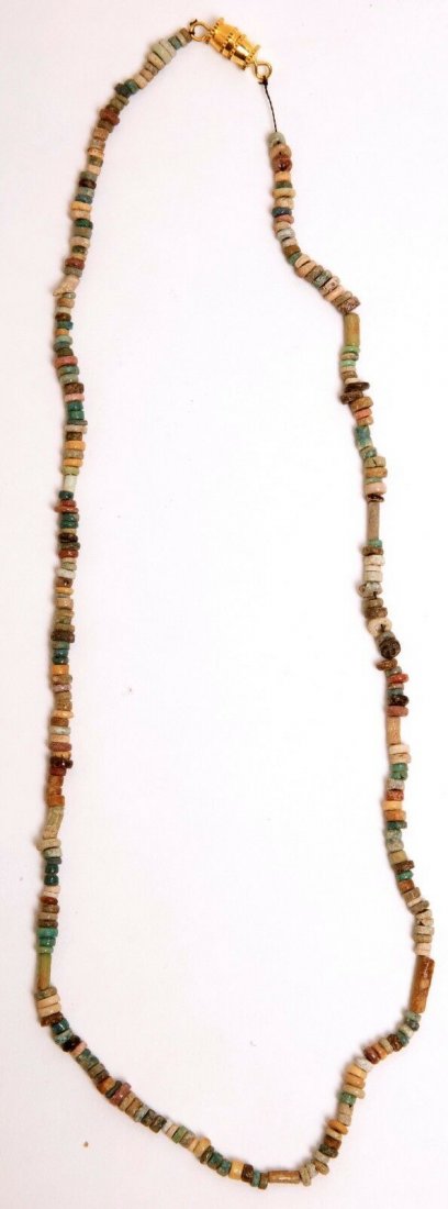 Ancient Egyptian Faience Beaded Necklace Late period,: Ancient Egyptian Faience Beaded Necklace Late period, ca. 700-30 B.C.Size: About 18 1/2 inches Length open.Ancient faience pottery single strand necklace, composed of tubular beads alternated with sma