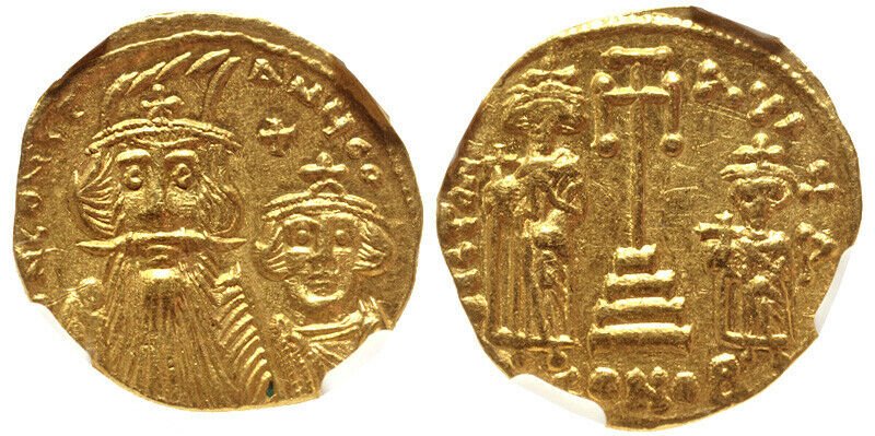 Ancient Byzantine Coin Constans II, with Constantine IV: Ancient Byzantine Constans II, with Constantine IV, Heraclius, and Tiberius. 641-668. Gold Solidus (19mm, 4.23 g, 6h). Constantinople mint, 4th officina. Struck circa 661-663. Crowned and draped busts