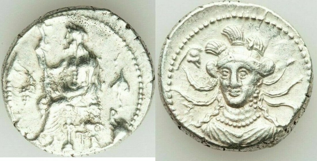 Ancient CILICIA. Tarsus. Balacros, as Satrap AR Stater: Ancient CILICIA. Tarsus. Balacros, as Satrap (333-323 BC). Silver stater (23mm, 11.05 gm, 6h). XF. Baaltars seated left, holding lotus-tipped scepter, grain ear and grape bunch to left, ivy leaf above