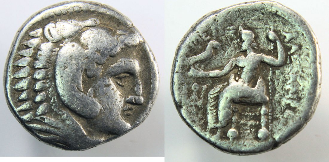 Ancient Greek Macedon Alexander, Silver Tetradrachm: Ancient Greek Macedon, Kings of. Alexander III. 336-323 BC. AR Silver Tetradrachm (16.74 gm, 26 mm). Head of Herakles right, wearing lion's skin headdress / ALEXANDROU, Zeus seated left, holding eagle