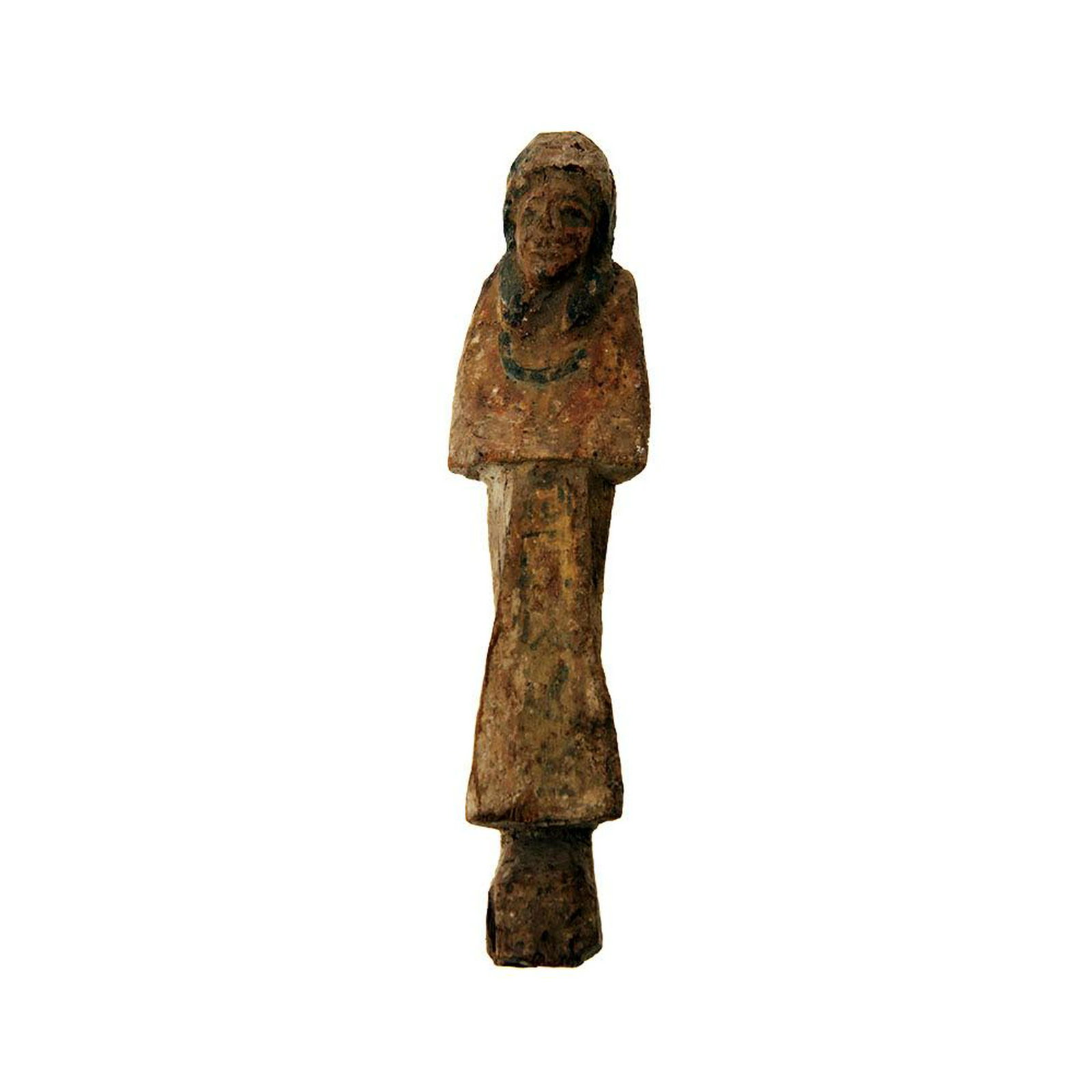 Ancient Egyptian Wood Overseer Ushabti Figure c.700 BC.: Ancient Egyptian Wood Overseer Ushabti Figure c.700 BC. Size 8 1/2 inches high. carved hardwood ushabti, wearing the royal wig. having some remaining painted vertical glyph register down front leg.Pro