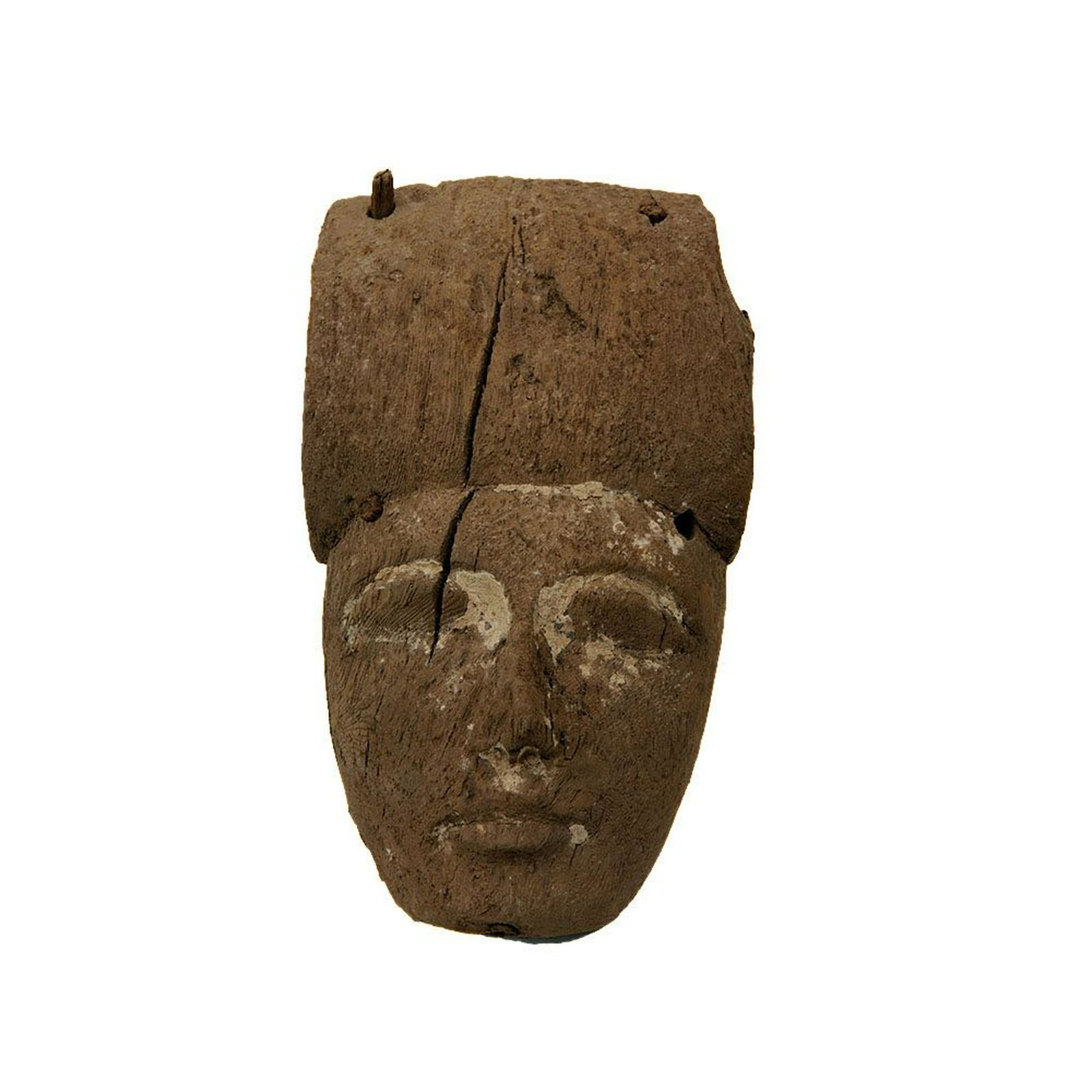 Ancient Egyptian Mummy Wood Mask c.664-332 BC.: Ancient Egyptian Mummy Wood Mask c.664-332 BC. Size 11 inches high x 6 1/2 inches wide. Fine Ancient Egyptian Mummy Wood Mask with great face details. Condition: Cracks and losses otherwise in good co