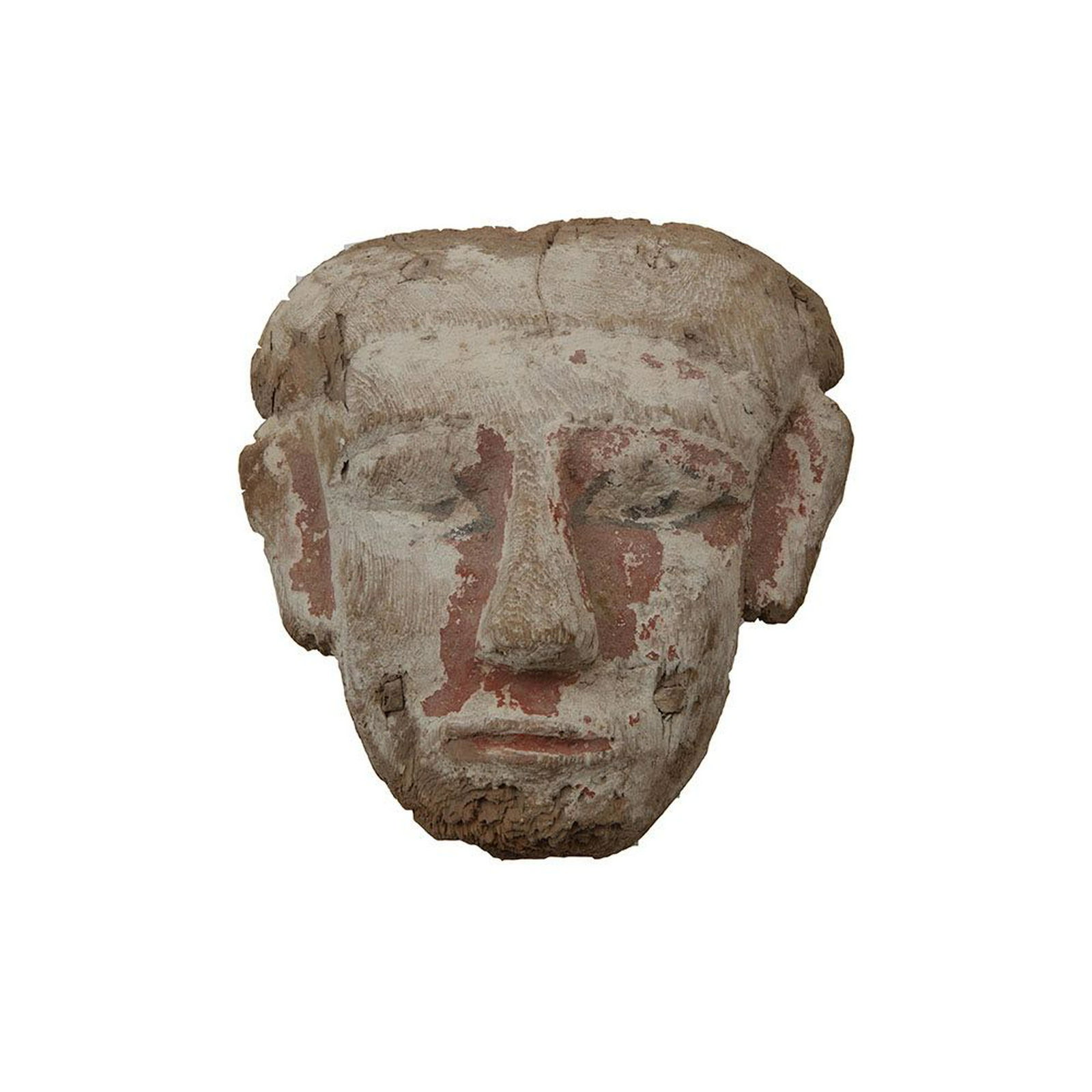 Ancient Egyptian Mummy Wood Mask c.664-332 BC.: Ancient Egyptian Mummy Wood Mask c.664-332 BC. Size 10 1/4 inches high x 9 3/4 inches wide. Fine Ancient Egyptian Mummy Wood Mask painted in red and white over gesso. Condition: natural cracks and los
