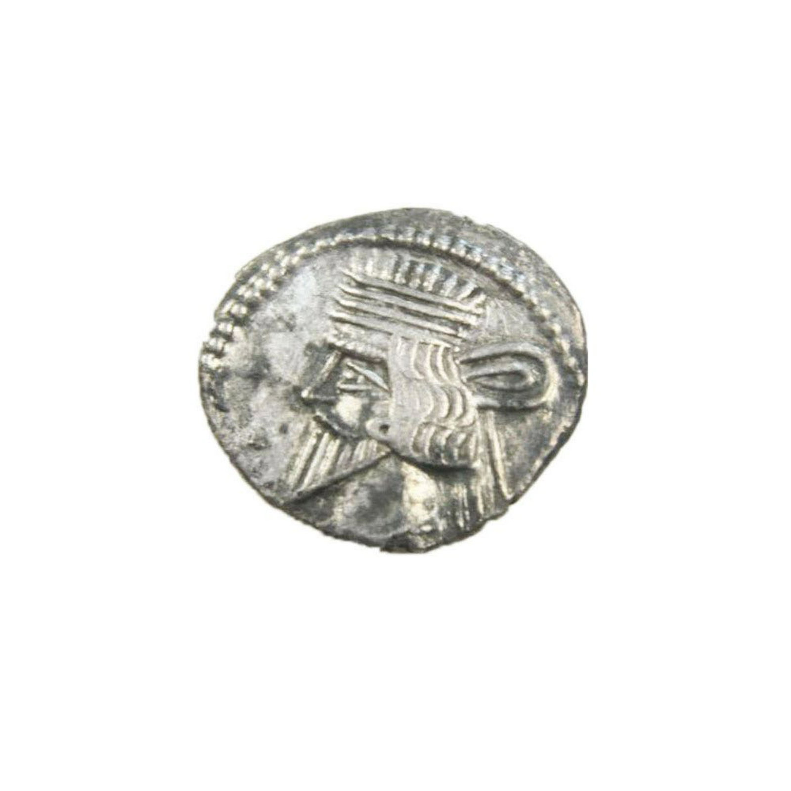 Ancient Parthian Silver Coin: KINGS of PARTHIA.: Ancient Parthian Silver Coin: KINGS of PARTHIA. Vologases III. Circa AD 105-147. AR Drachm (19mm, 3.18 gm). Ekbatana mint. Diademed bust left, wearing medium pointed beard, earring, and spiral torque;