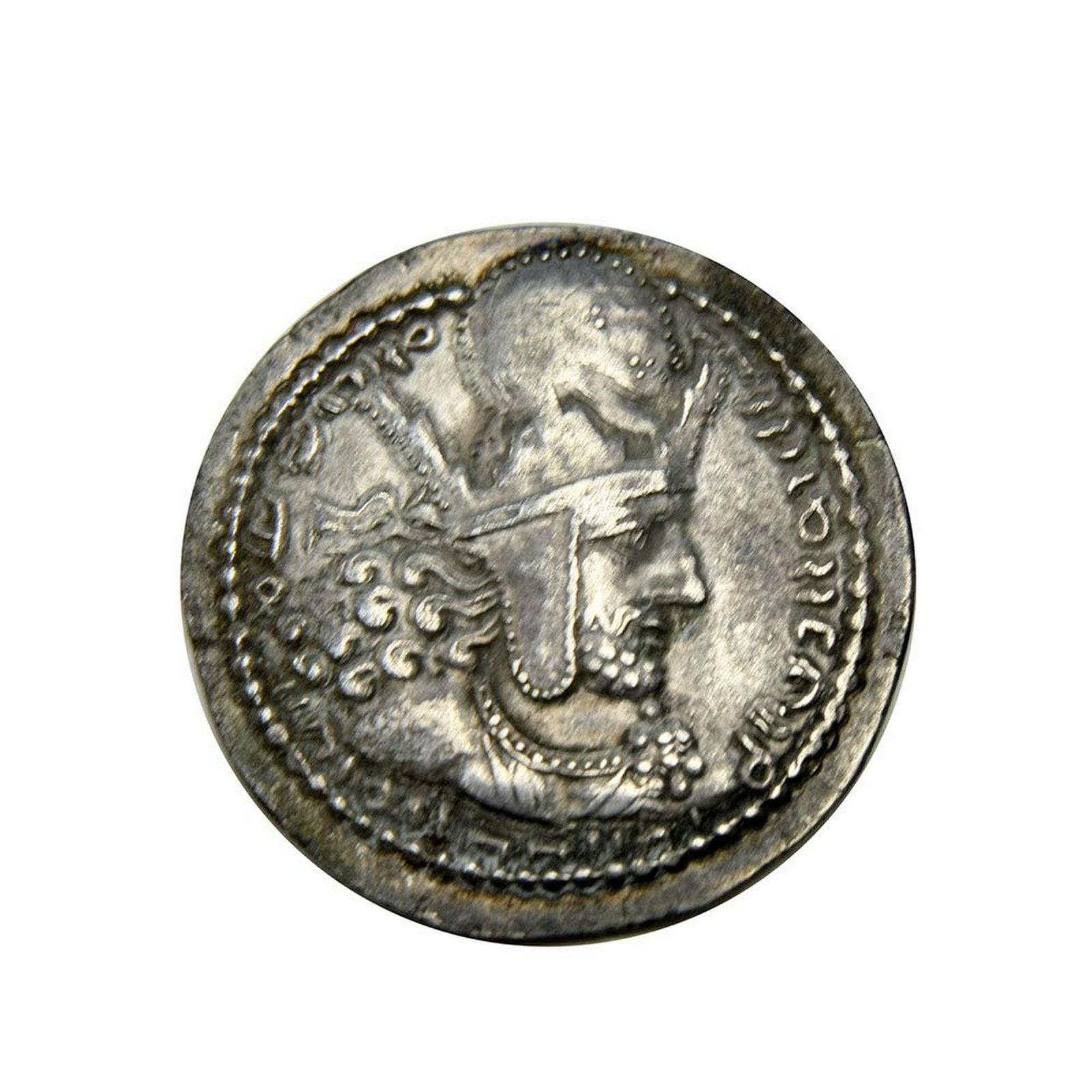 Ancient Silver Coin, [Medieval] SASANIAN KINGS. Shahpur: Medieval SASANIAN KINGS. Shahpur I. 240-272 AD. AR Drachm. (23mm, 4.01 gm).Degraded Pahlavi legend, bust right, wearing crown with earflap / Degraded Pahlavi legend, fire altar with attendants; Taurus
