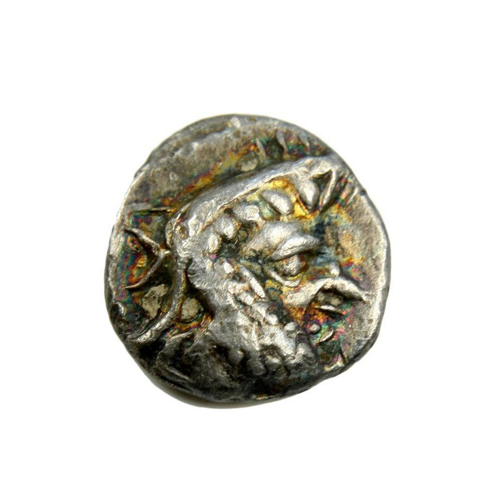 Ancient Silver Coin, KINGS of PERSIS. Uncertain king I.: KINGS of PERSIS. Uncertain king I. 2nd century BC. AR Drachm. (12mm, 1.55 gm). Head right with very short beard, wearing diadem and kyrbasia surmounted by eagle; crescent on kyrbasia / Fire temple, Ah