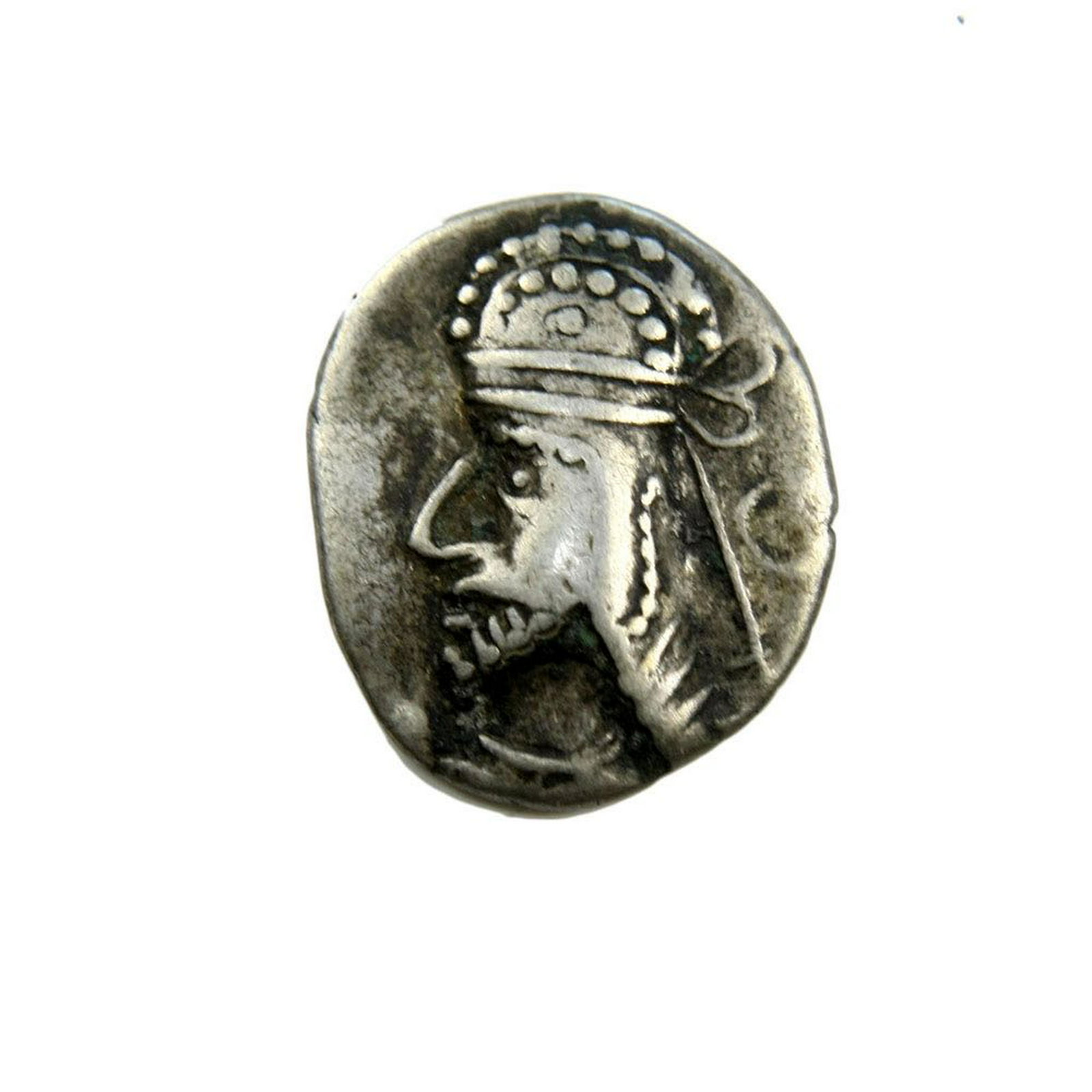Ancient Silver Coin, KINGS of PERSIS. Uncertain king: KINGS of PERSIS. Uncertain king II. 1st century BC â€“ 1st century AD. AR Hemidrachm (13MM, 1.21 GM). Diademed bust left, wearing Parthian-style tiara with pellet-in-crescent; Î˜ behind / Diade