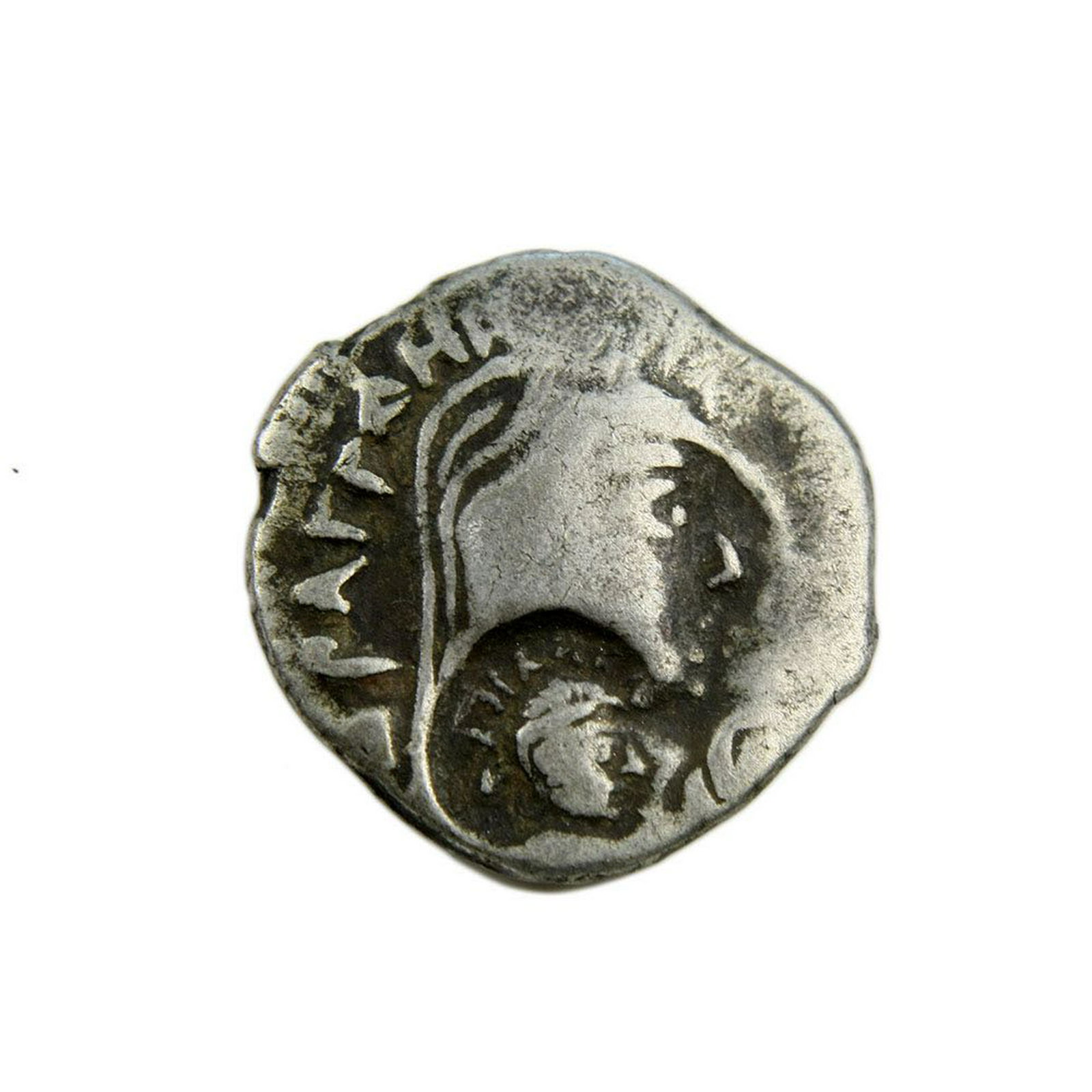 Ancient Silver Coin, INDO-PARTHIANS, Aria or Margiana.: INDO-PARTHIANS, Aria or Margiana. Tanlis Mardates, with Raggodeme. Mid-late 1st century BC. AR Drachm (17mm, 3.64 gm). Helmeted bust of Tanlis Mardates right / Veiled bust of Raggodeme right, holding 