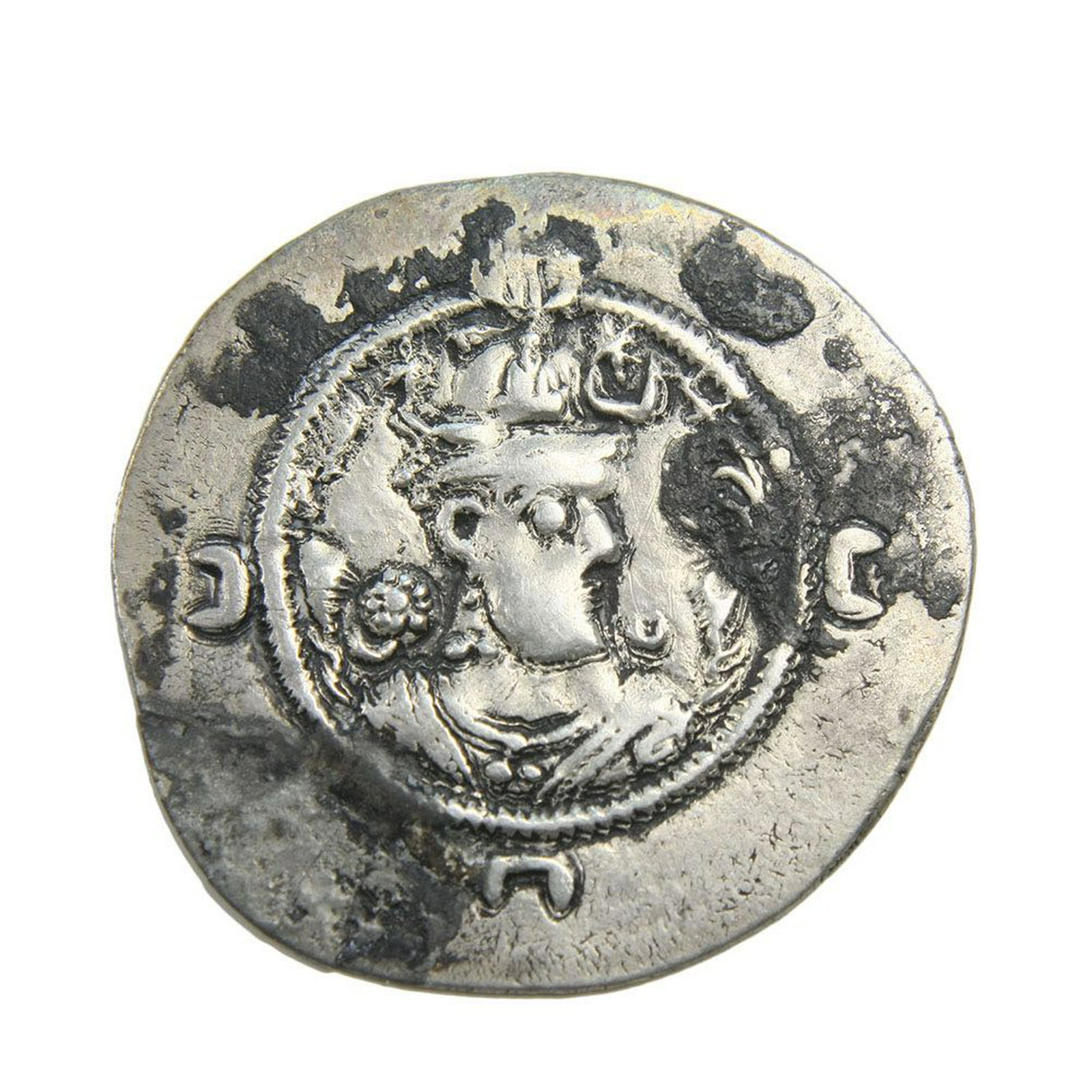 Ancient Silver Coin, Khusro I (531-579AD) AR drachm-: Khusro I (531-579AD) AR drachm- (30mm, 4.00 gm). crowned bust right, wearing mural crown with frontal crescent. fire altar flanked by attendants, star and crescent flanking flames GÃ¶bl I/2, Sunrise
