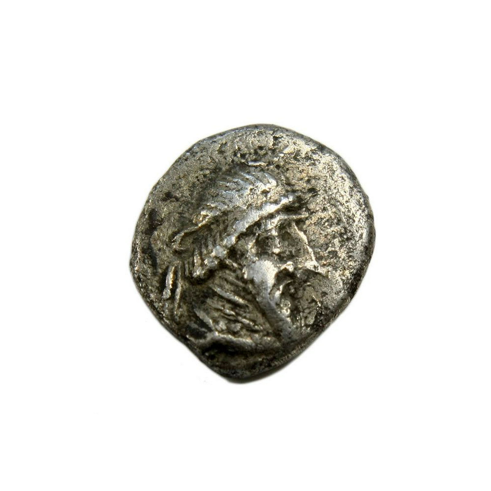 Ancient Siver coin, KINGS of PERSIS. VÄdfradÄd: KINGS of PERSIS. VÄdfradÄd (Autophradates) III. Circa 100 BC. AR Obol (10mm, 0.75 gm). Diademed and draped bust right; crescent above / Fire temple; Ahura-Mazda above; to left, king standing right; 