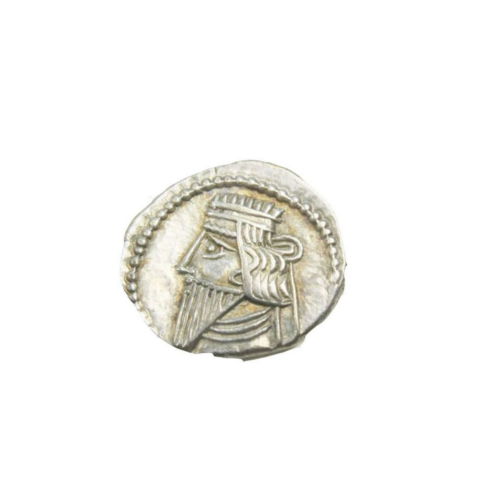 Ancient Silver Coin, KINGS of PARTHIA. Mithradates V.: KINGS of PARTHIA. Mithradates V. Circa AD 140. AR Drachm (20mm, 3.73 gm). Ekbatana mint. Diademed bust left, wearing long beard, earring, and spiral torque; all within pelleted border / â€œ[mt]rdt