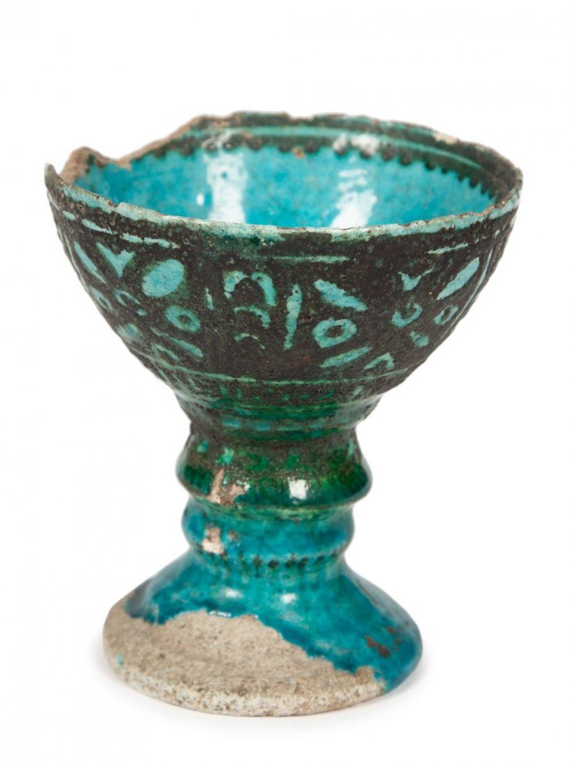 Persian Kashan Turquoise Ceramic Footed Cup c.13th cent (1 of 2)