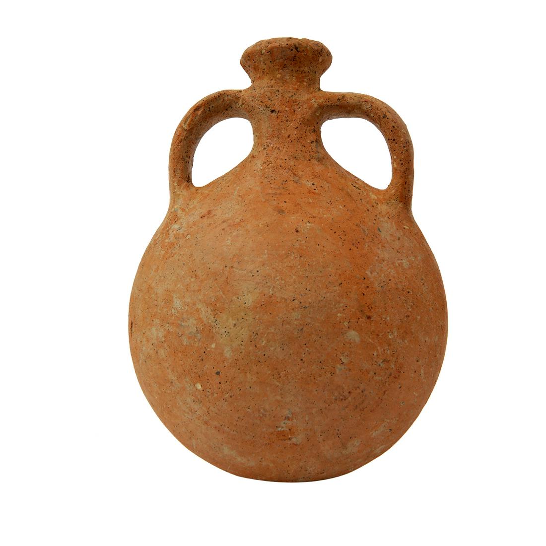 Ancient Holy Land Iron Age Pottery Flask c.1000 BC.: Ancient Holy Land Iron Age Pottery Flask c.1000 BC. Size 5 7/8 inches high x 4 1/4 inches diameter. Fine pottery Flask with twin handles, decorated with brown circle design on both sides. Condition Mi
