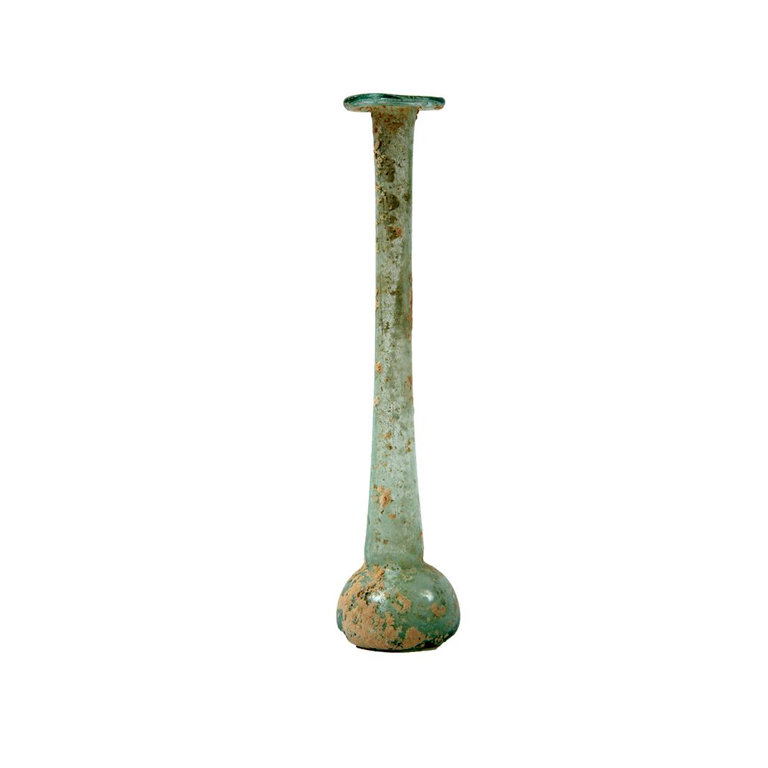 Ancient Holy Land Roman Glass Bottle c.1st-2nd century: Ancient Holy Land Roman Glass Bottle c.1st-2nd century AD. Size 6 inches high. Ancient Roman bluish glass bottle with nice patina, Condition Intact. Provenance Ex Todd Figi Estate California.