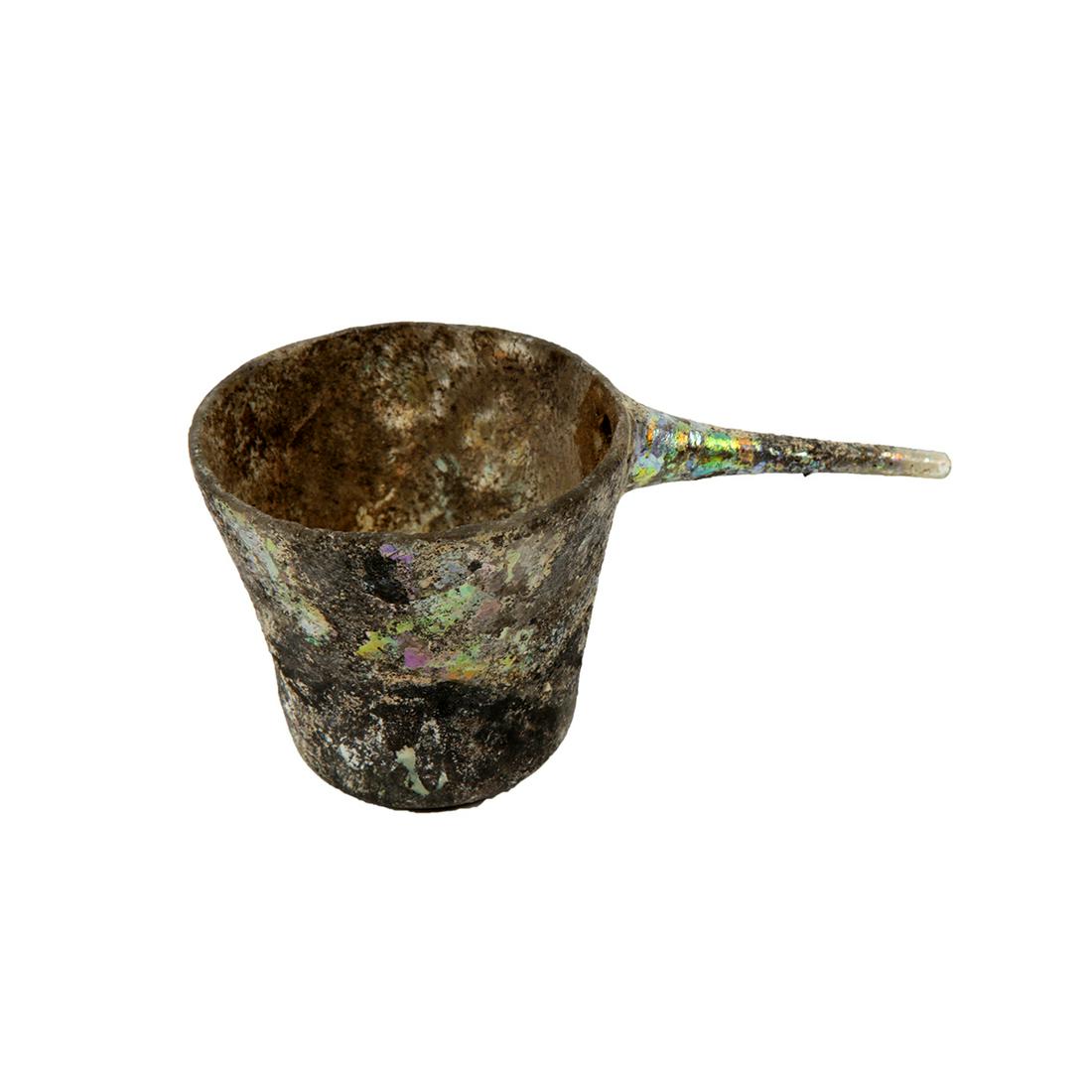 Ancient Roman Glass Baby Feeder c.1st-2nd century AD.: Ancient Roman Glass Baby Feeder c.1st-2nd century AD. Size 4 inches length. Unusual Ancient Roman glass baby feeder with patina. Condition old restoration. Provenance Ex Todd Figi Estate California