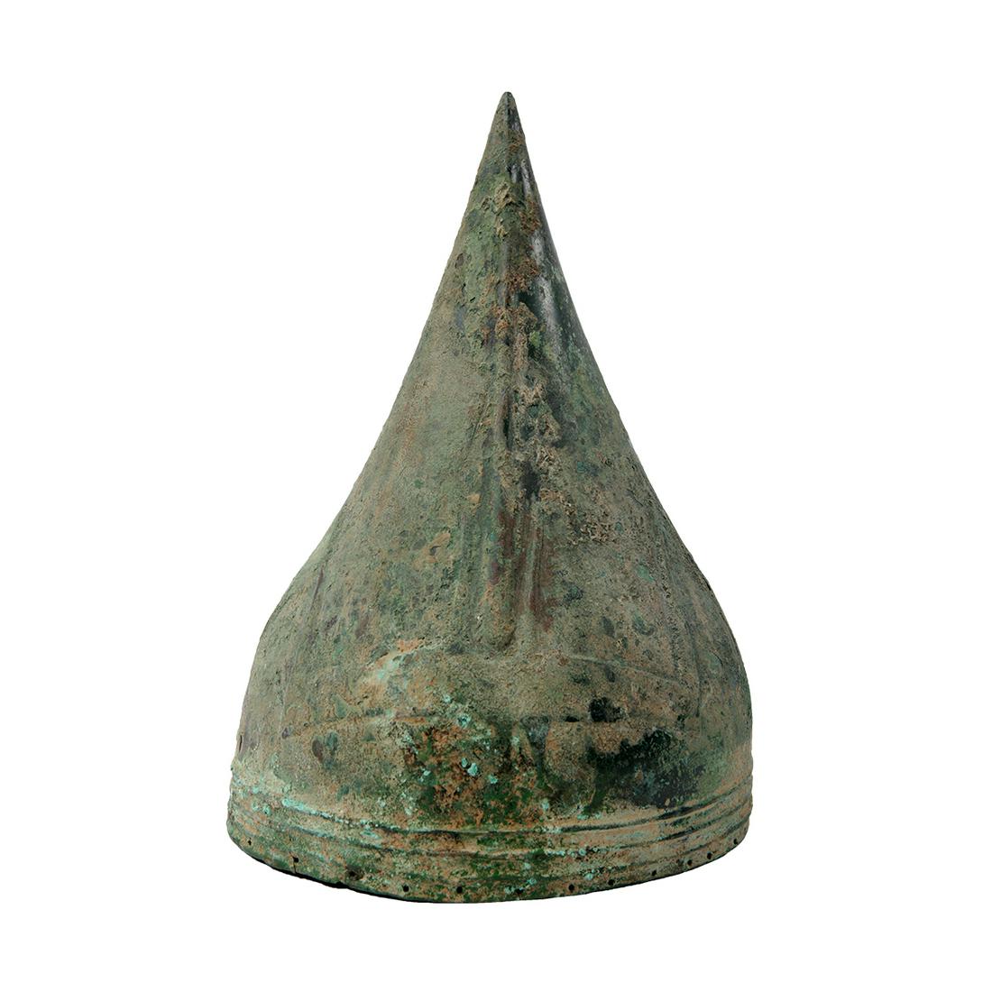 Ancient Urartian Bronze Helmet c.8th century BC.: Ancient Urartian Bronze Helmet c.8th century BC. Size 12 1/4 inches high - 8 3/4 inches diameter. Rare URARTIAN BRONZE HELMET Conical shape, Formed of hammered sheet, tapering to a tall point, the fro