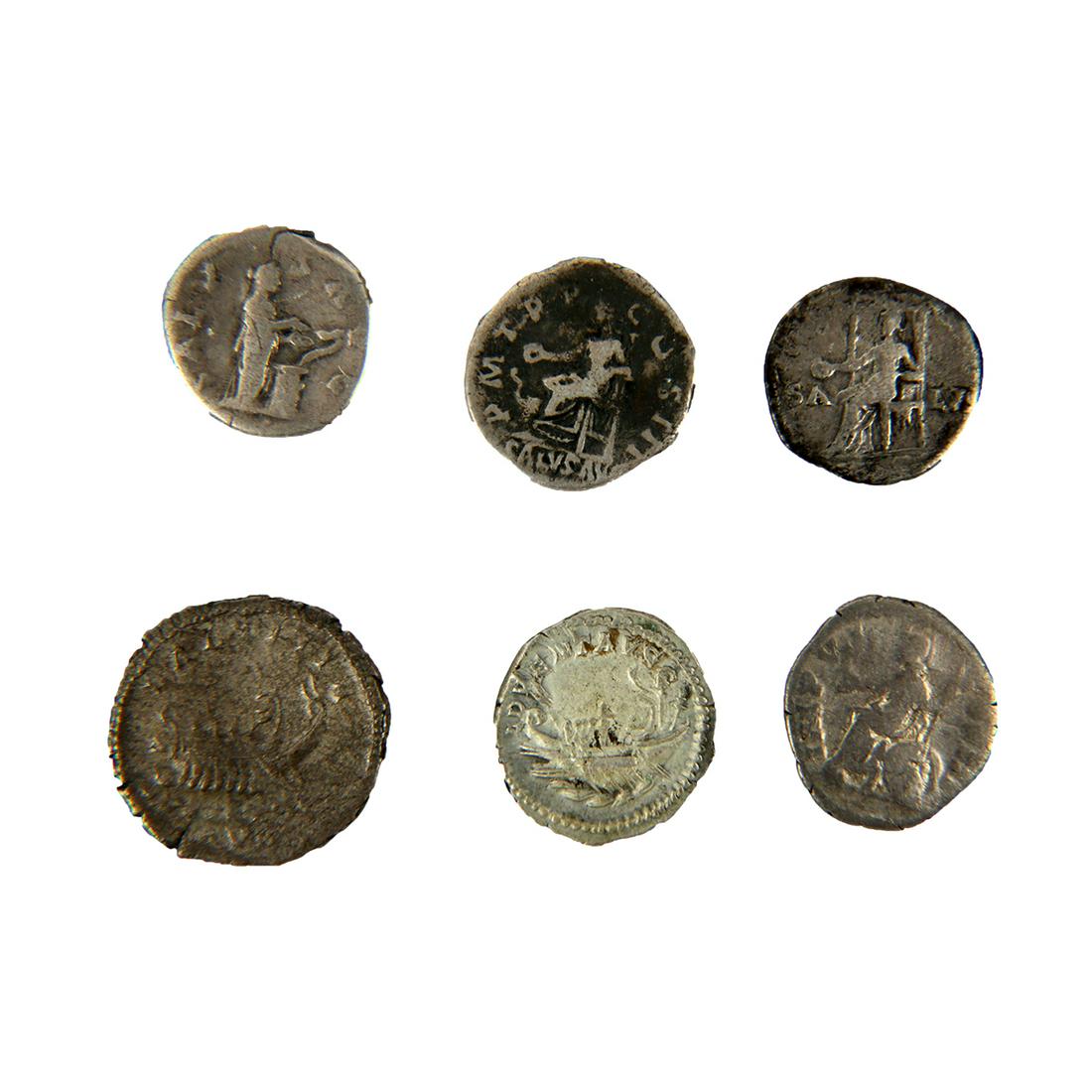 Lot of 6 Ancient Roman silver denarius: Lot of 6 Roman silver denarius. 1: HADRIAN. 117-138 AD. AR Denarius. Struck 119-125 AD. IMP CAESAR TRAIAN HADRIANVS AVG, laureate head right / P M TR P COS III, SAL AVG in exergue, Salus seated left, 