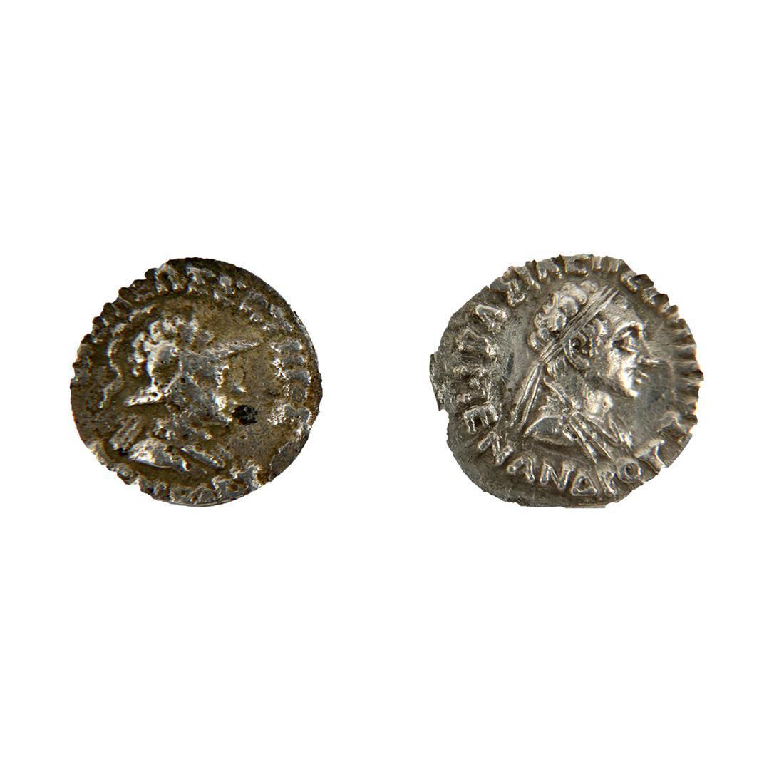 lot of 2 BAKTRIA, Indo-Greek Kingdom. Menander I Soter: lot of 2 BAKTRIA, Indo-Greek Kingdom. Menander I Soter. 1: BAKTRIA, Indo-Greek Kingdom. Menander I Soter. Circa 155-130 BC. AR Drachm. Diademed, draped, and cuirassed bust right, wearing crested helme