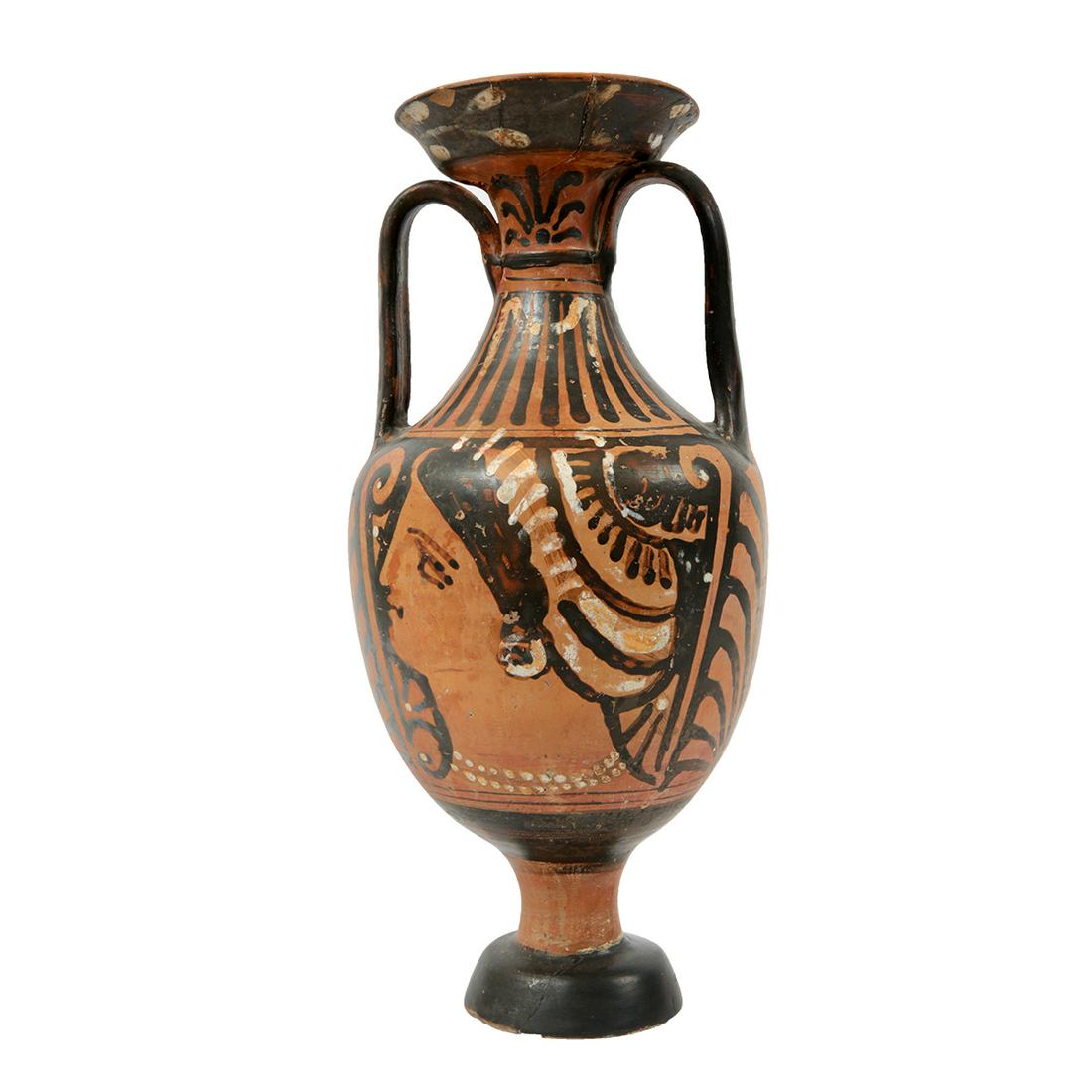 Ancient Apulian red figure Pottery Amphora Vase c.350: Ancient Apulian red figure Pottery Amphora Vase c.350 BC. Size 13 1/2 inches high. A large ancient South Italian, Apulian Pottery Amphora with twin handles decorated with Lady of Fashion on both sides