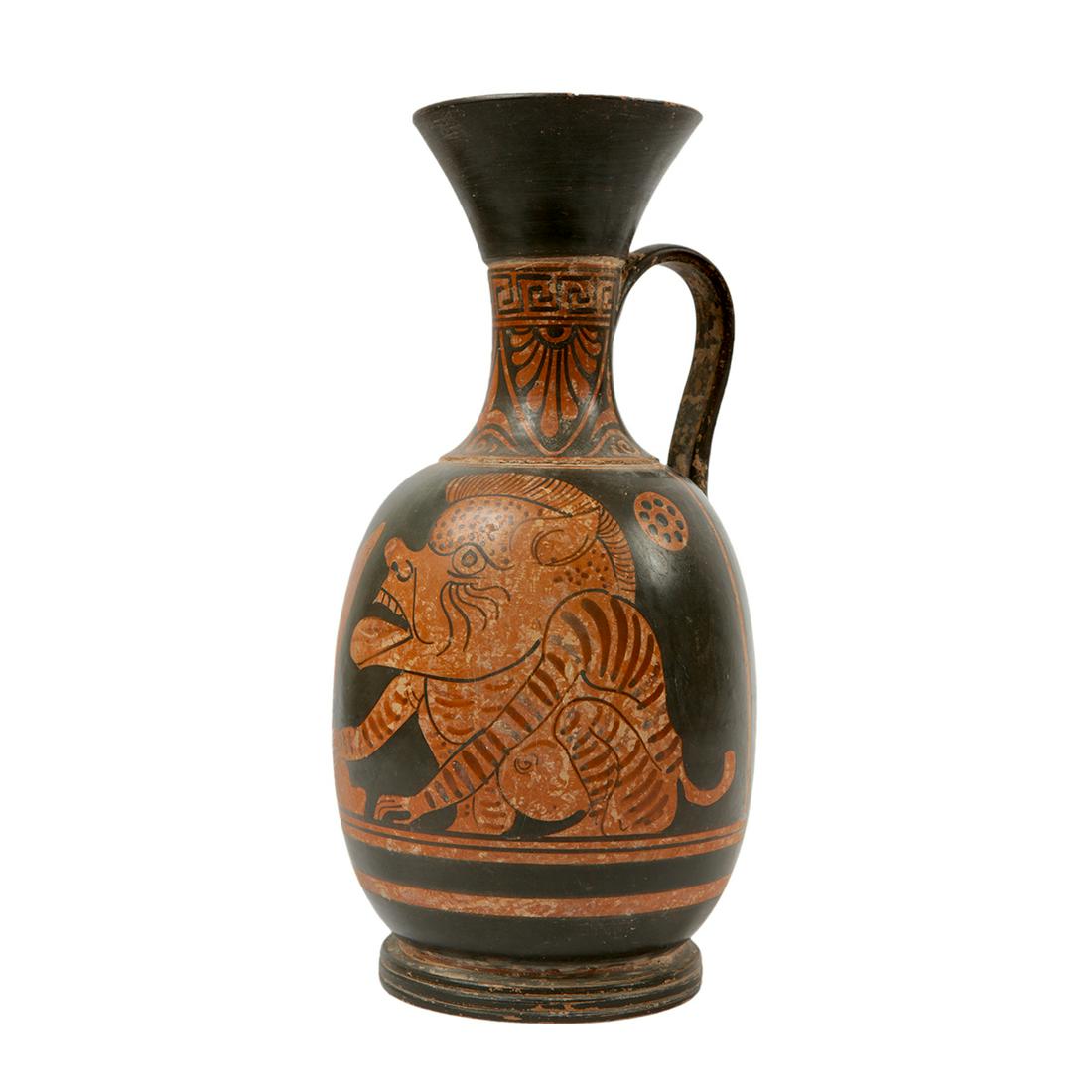A Greek Style Pottery Lykethos.: A Greek Style Pottery Lykethos. Size 10 3/4 inches high. Greek style Pottery Lekythos decorated with mythical creature facing naked figure. Ex John and Jane Stubbs New York City New York.