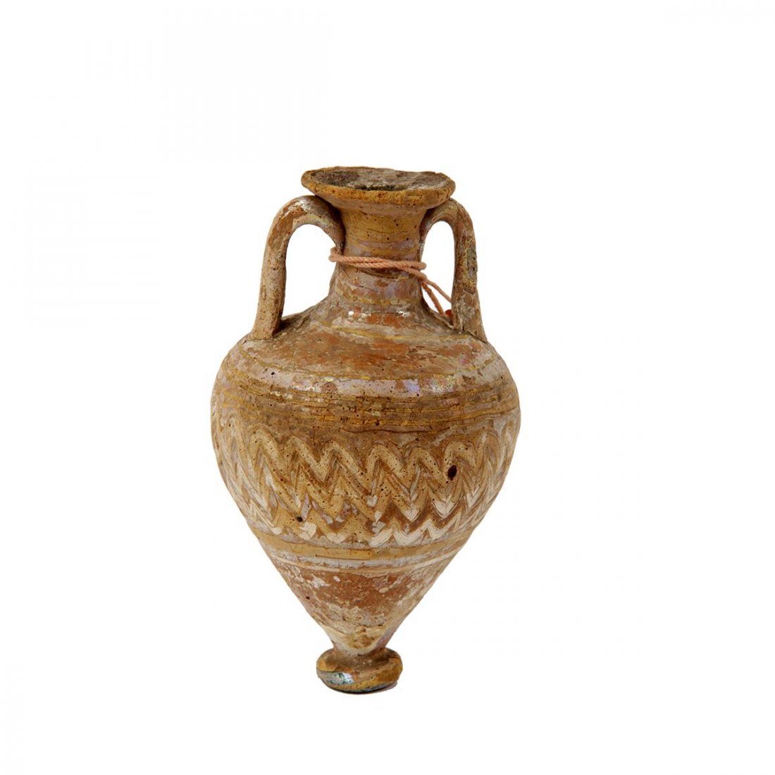 Ancient Phoenician Sand-Core Formed Glass Amphoriskos: Ancient Phoenician Sand-Core Formed Glass Amphoriskos c.5th century BC. Size 3 1/2 inches high. + mount. A rare Phoenician Sand-Core formed glass amphoriskos with mulitcoloured ribbons with twin handl