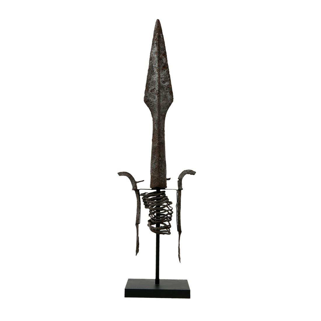 Large Ancient Roman Iron Spear c.2nd-4th century AD.: Large Ancient Roman Iron Spear c.2nd-4th century AD. Size 15 1/2 inches length + mount. A massive ceremonial heavy Iron Spear head with ornaments. Probably eastern Europe? custom mounted. Ex Private N