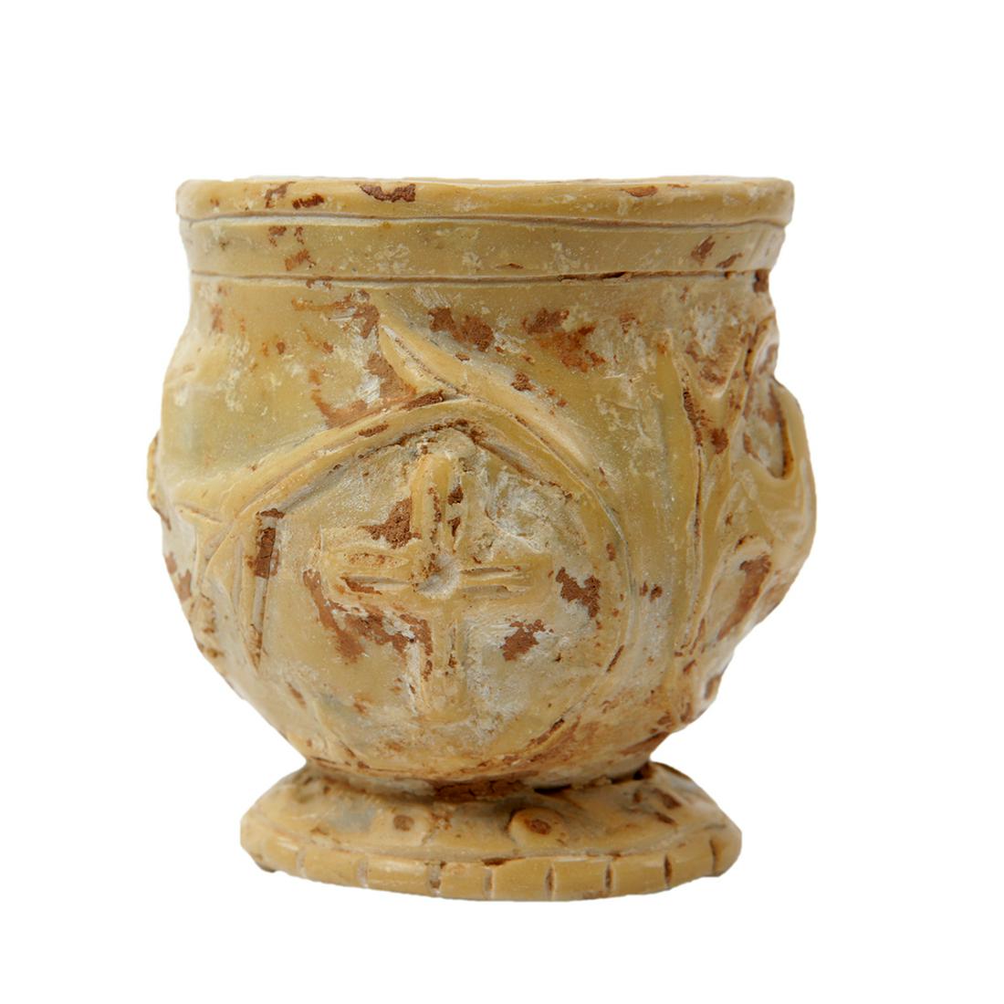 Ancient Byzantine Stone Chalice c.5th-6th century AD.: Ancient Byzantine Stone Chalice c.5th-6th century AD. Size 2 1/2 inches high x 2 3/8 inches diameter. Unusual carved stone Chalice with Crosses, animals and floral design. Ex Private New York Collecti