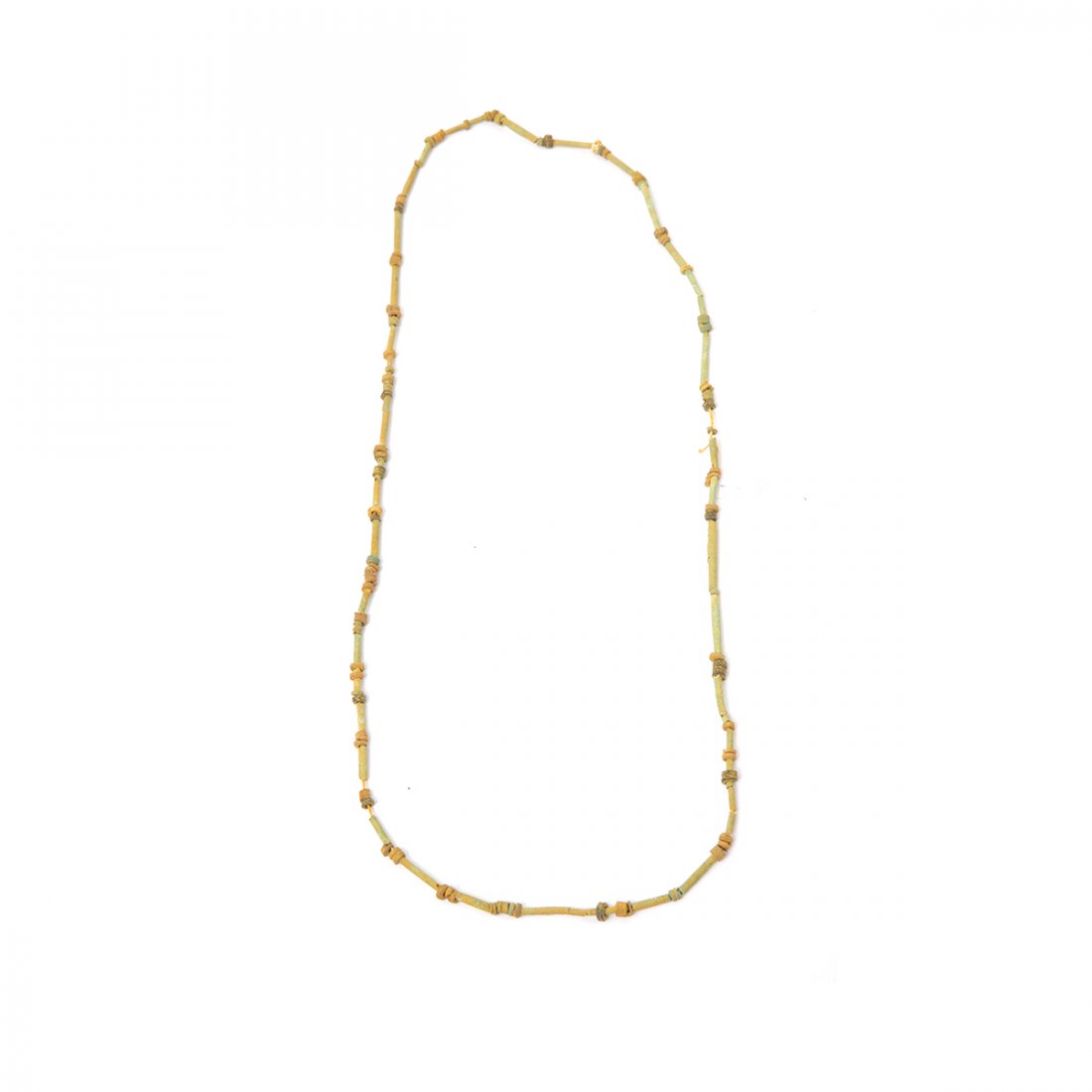 Ancient Egyptian Faience Beads Necklace c.300 BC.: Ancient Egyptian Faience Beads Necklace c.300 BC. Size 28 inches length. Bead size 12-4 mm. Ancient Egyptian tubular and disk Shape faience beads necklace. Ex Iraj Kashanian New York 1970's
