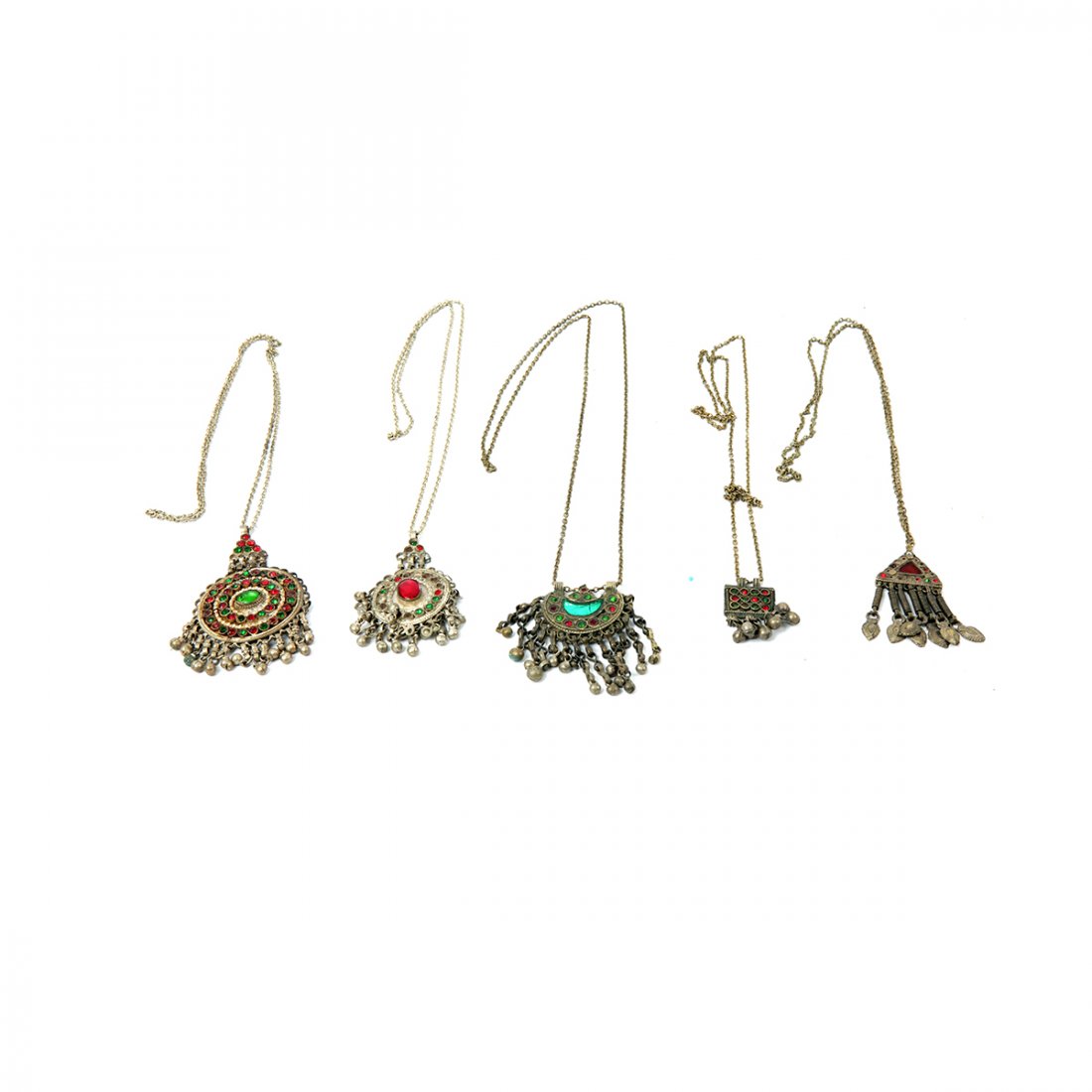 Lot of 5 Middle Eastern Tribal Jewelry Silver: Lot of 5 Middle Eastern Tribal Jewelry Silver Necklaces. Size 20-24 inches length. Nice lot of Silver necklaces with pendants decorated with glass insets. Ex Iraj Kashanian New York 1970's