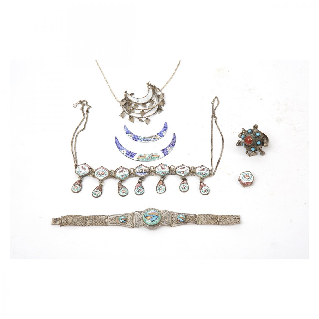 Lot of 7 Middle Eastern Tribal Jewelry Silver Necklace,: Lot of 7 Middle Eastern Tribal Jewelry Silver Necklace, Ring, Bracelet. Size 15 - 0 5/8 inches length. Nice lot of 7 Silver jewelry consist of a necklace, bracelet, ring, pendants. decorated with enam