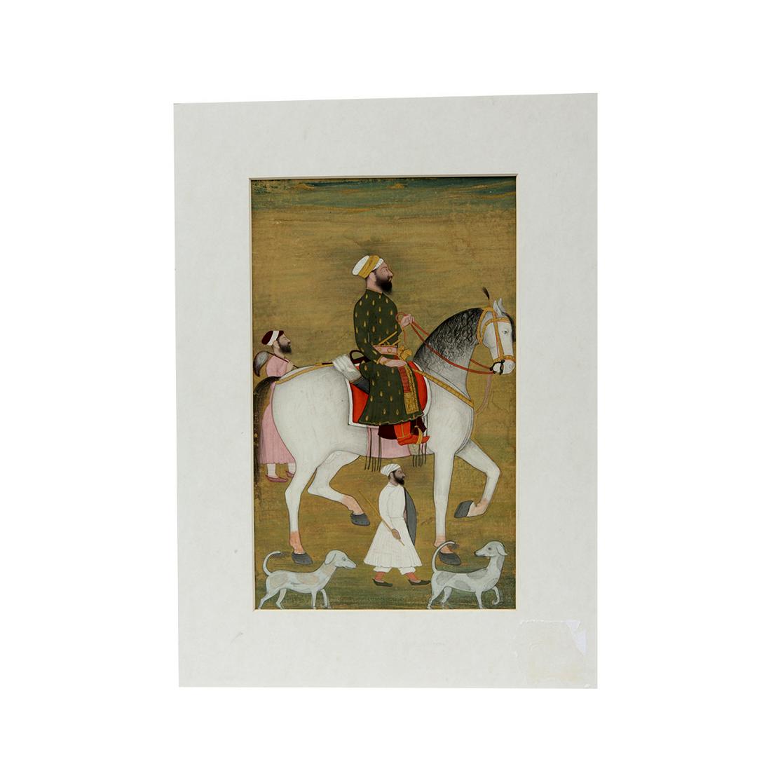 Indian School Mughal 19th century Miniature Painting: Indian School Mughal 19th century Miniature Painting. Size of frame 14 5/8 x 10 1/ 2 inches. Royal Prince on white horse with two attendants and two dogs walking beside, all within an orange border, r