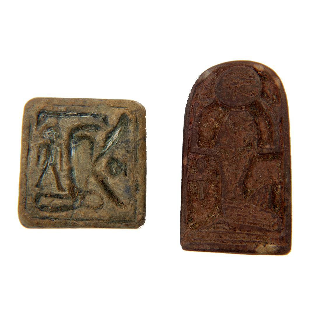 Ancient Egyptian Steatite Stone Plaque seals c.700 BC.: Ancient Egyptian Steatite Stone Plaque seals c.700 BC. Size 1 7/8 and 1 1/2 inches length. Great collection of 2 ancient Egyptian Steatite stone plaque seals amulets carved on both sides. Ex Private N
