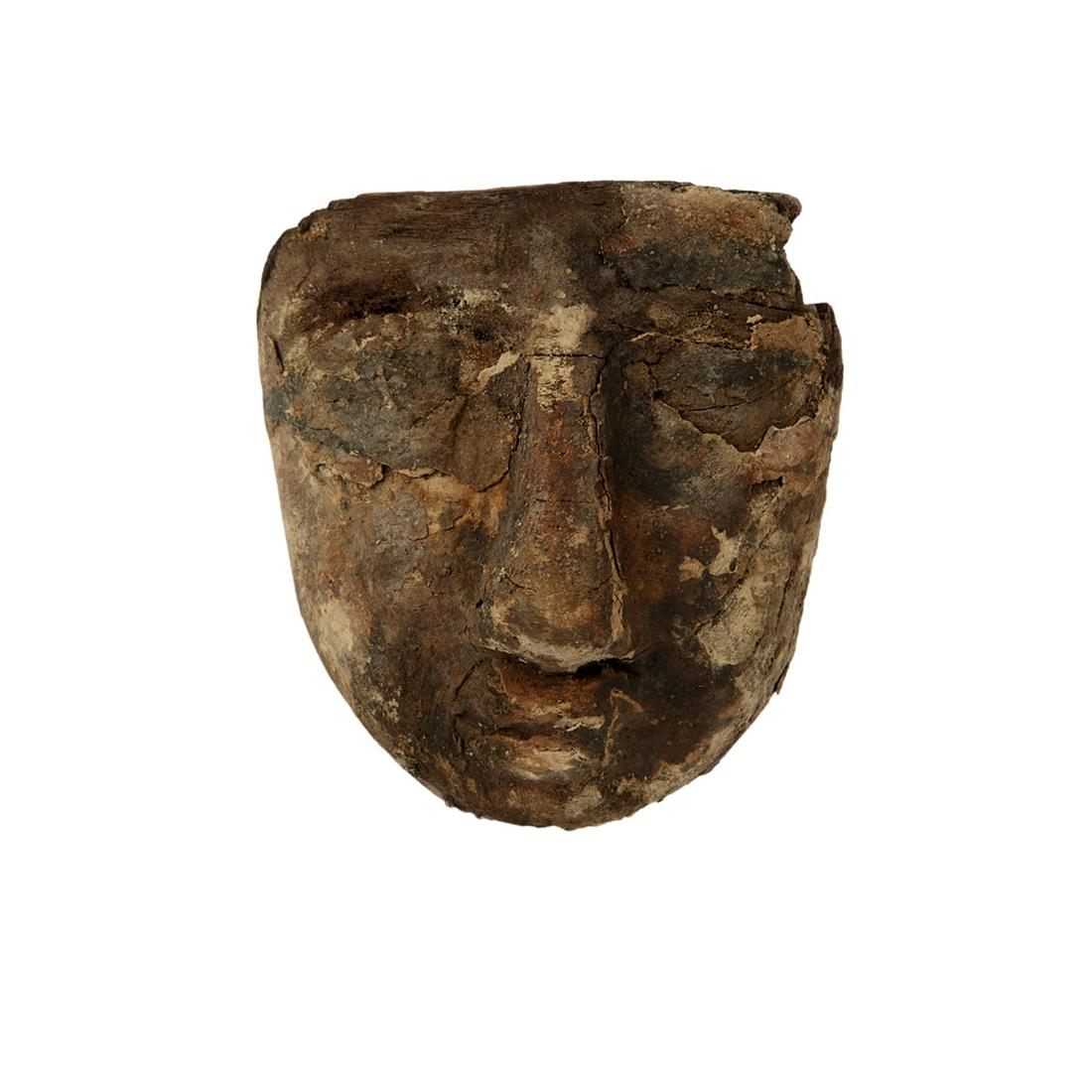 Ancient Egyptian Mummy Wood Mask c.664-332 BC.: Ancient Egyptian Mummy Wood Mask c.664-332 BC. Size 5 inches high x 4 1/4 inches wide. Fine Ancient Egyptian Mummy Wood Mask with great face details painted over gesso. Condition: Cracks and losses ot