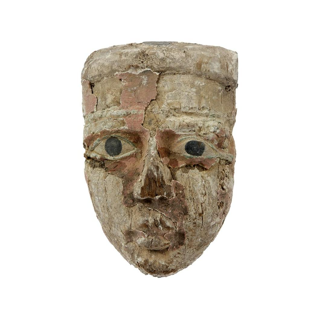 Ancient Egyptian Mummy Wood Mask with bronze eyes: Ancient Egyptian Mummy Wood Mask with bronze eyes c.664-332 BC. Size 10 3/8 inches high x 6 1/2 inches wide. Fine Ancient Egyptian Mummy Wood Mask painted over gesso with bronze eyes and brows. Condit