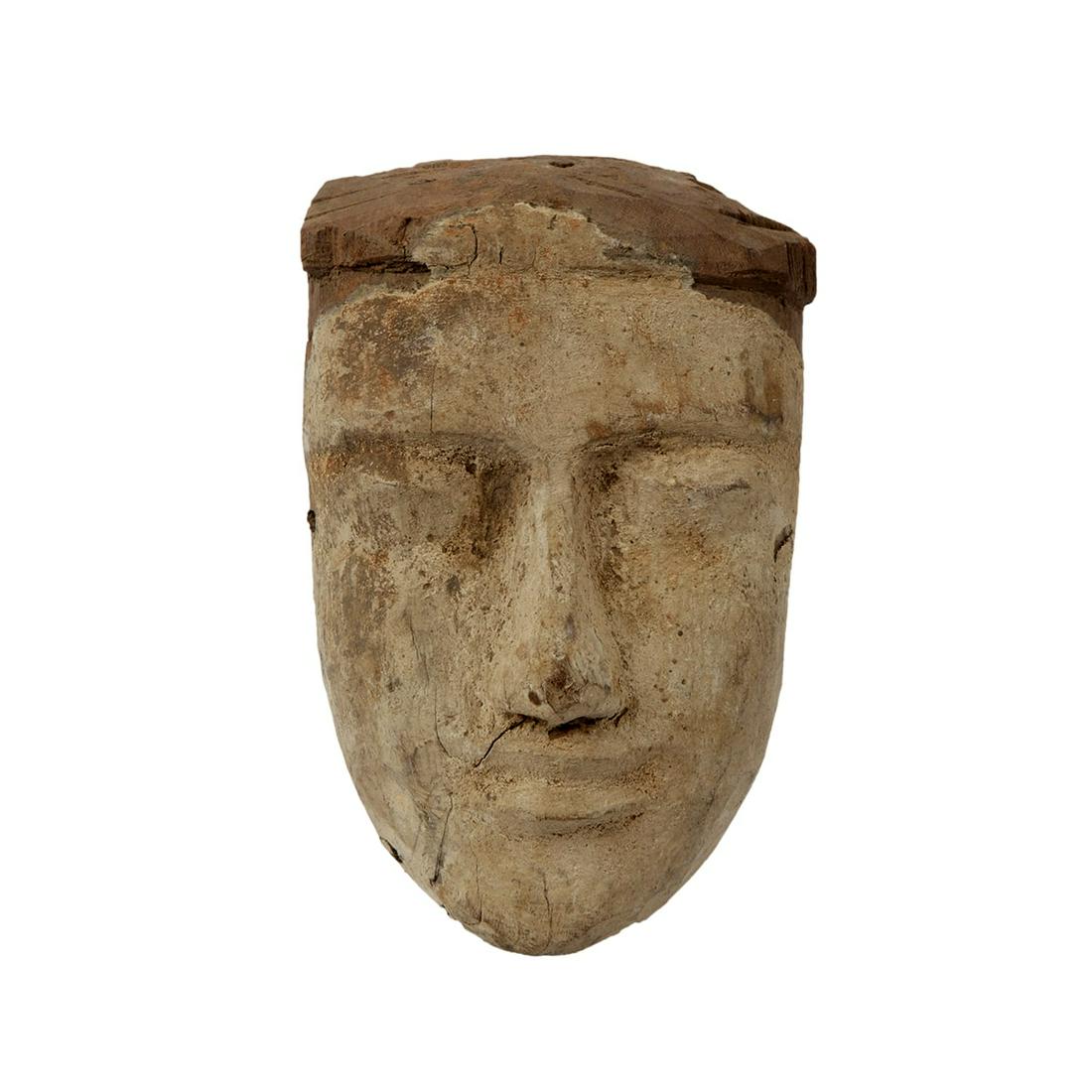 Ancient Egyptian Mummy Wood Mask c.664-332 BC.: Ancient Egyptian Mummy Wood Mask c.664-332 BC. Size 9 3/4 inches high x 6 1/8 inches wide. Fine Ancient Egyptian Mummy Wood Mask painted over gesso. Condition: paint losses otherwise in good condition