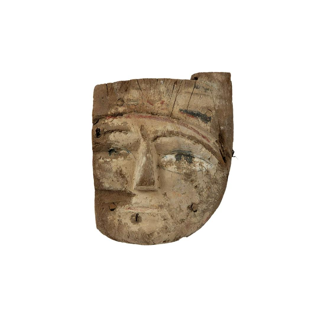 Ancient Egyptian Mummy Wood Mask c.664-332 BC.: Ancient Egyptian Mummy Wood Mask c.664-332 BC. Size 11 1/2 inches high x 10 inches wide. A Large Ancient Egyptian Mummy Wood Mask painted over gesso. Condition: side missing with paint losses otherwis