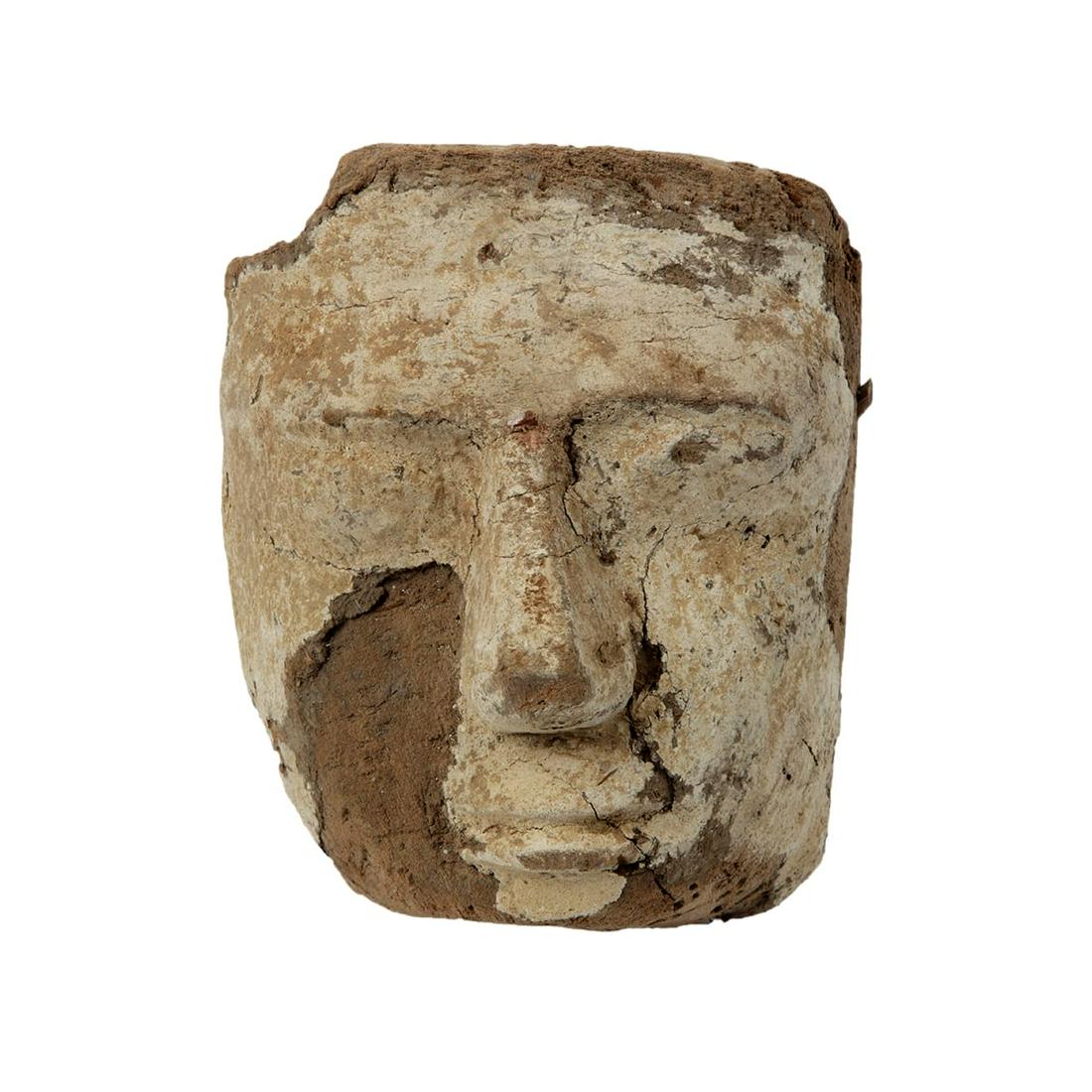 Ancient Egyptian Mummy Wood Mask c.664-332 BC.: Ancient Egyptian Mummy Wood Mask c.664-332 BC. Size 7 5/8 inches high x 6 1/2 inches wide. A heavy wood Ancient Egyptian Mummy Mask painted over gesso. Condition: paint losses otherwise in good condit