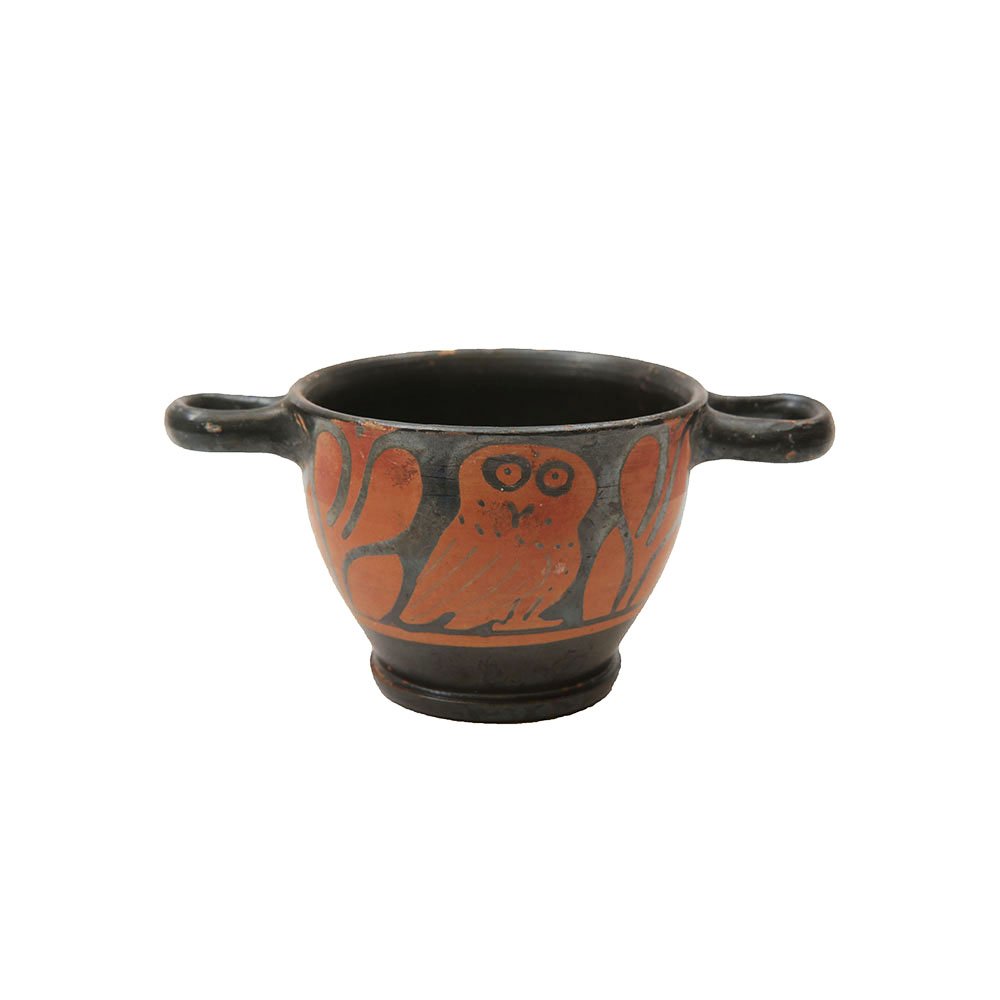 Ancient Apulian Red Figured Owl Cup Skyphos circa: Ancient Apulian Red Figured Owl Cup Skyphos circa 340-320 BC. Size 5 7/8 inches across the handle span. x 2 3/4 inches high. ancient Apulian colonies in South Italy, 4th Century BC. Black-glazed potte
